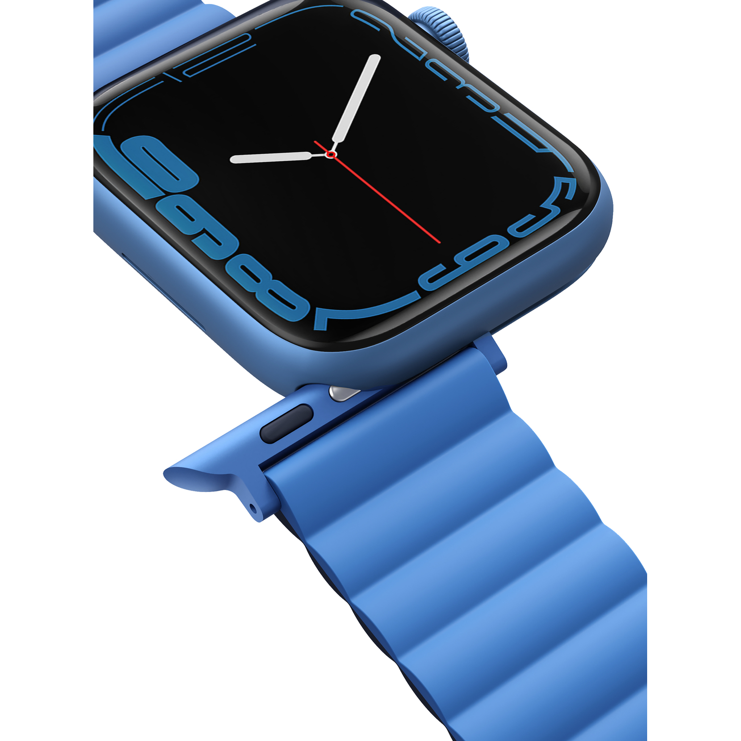 Blue smartwatch with a blue band. The watch face shows a black screen with white hands. The strap is wavy.
