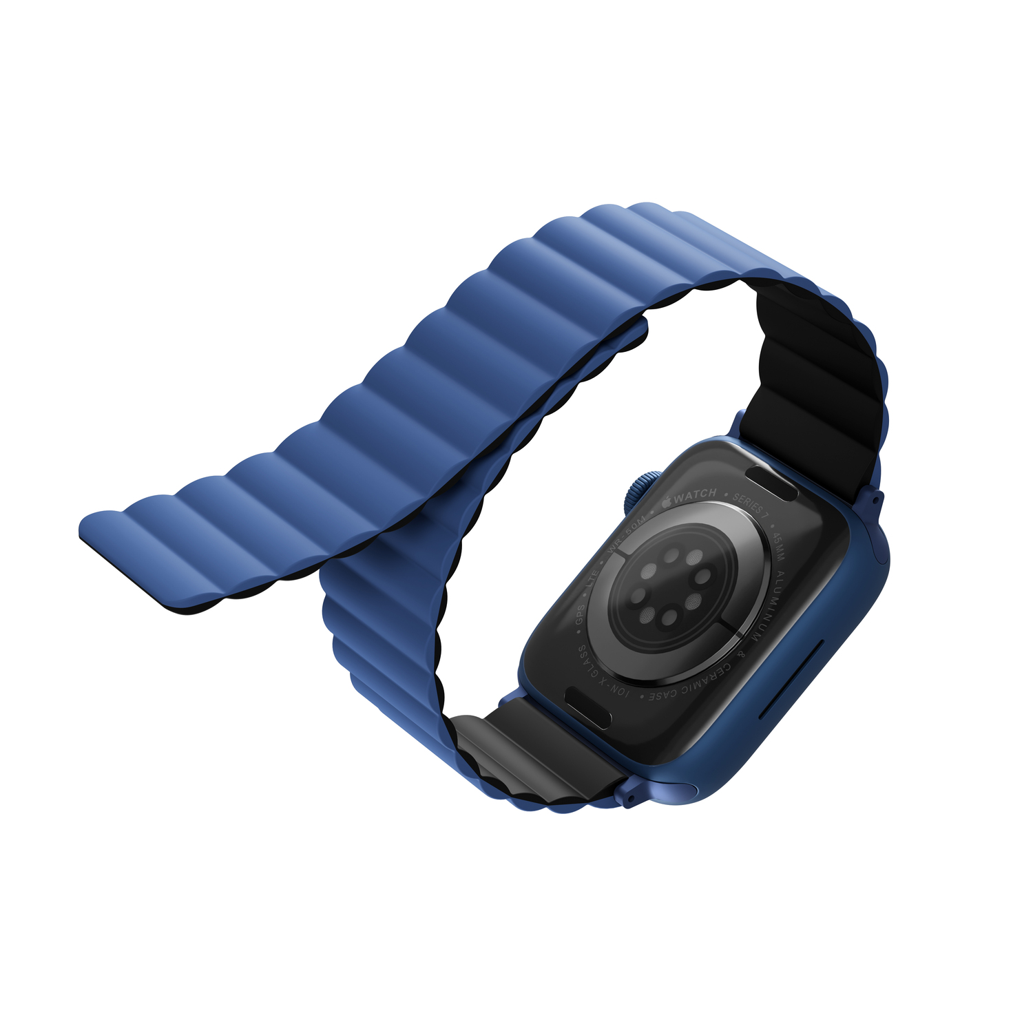 A blue Apple watch with a blue magnetic band on a white background.