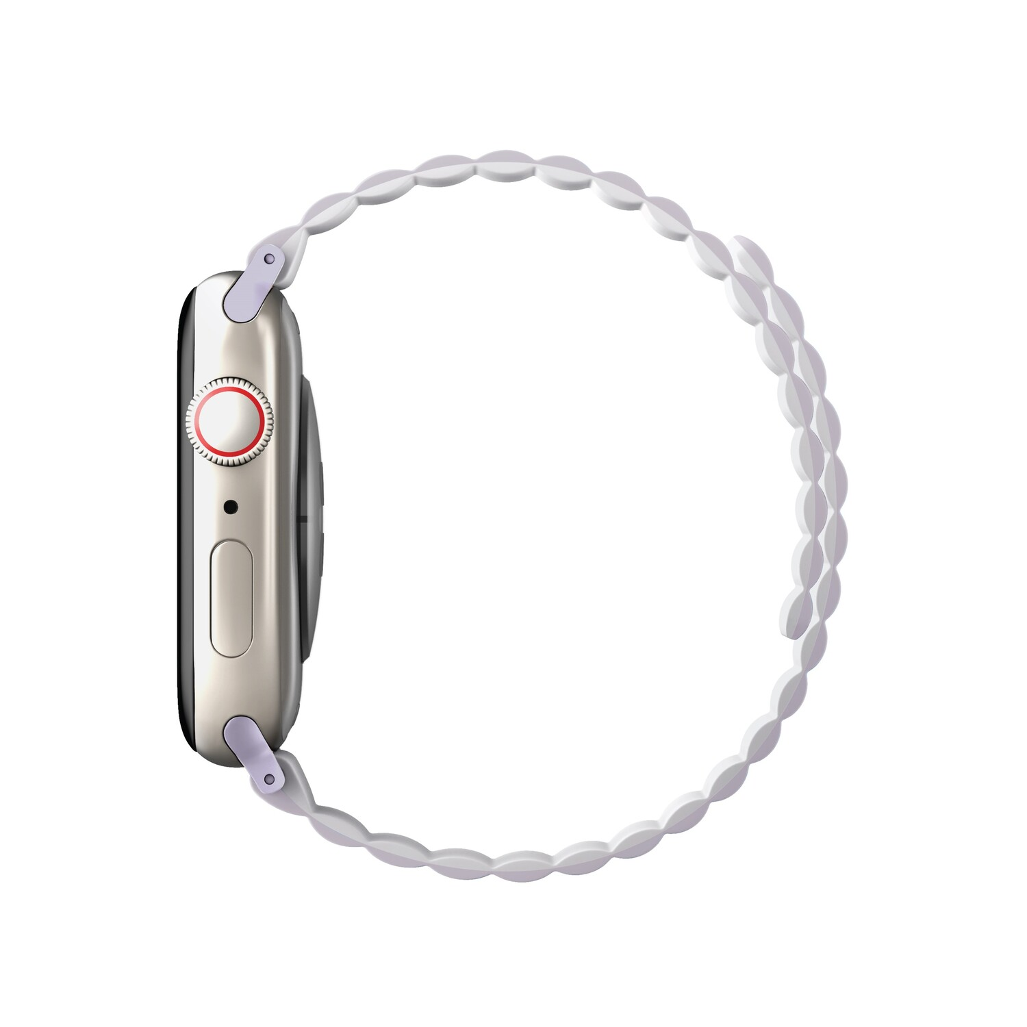 A smartwatch, side view, gold-colored case with a white band, isolated on a white background.