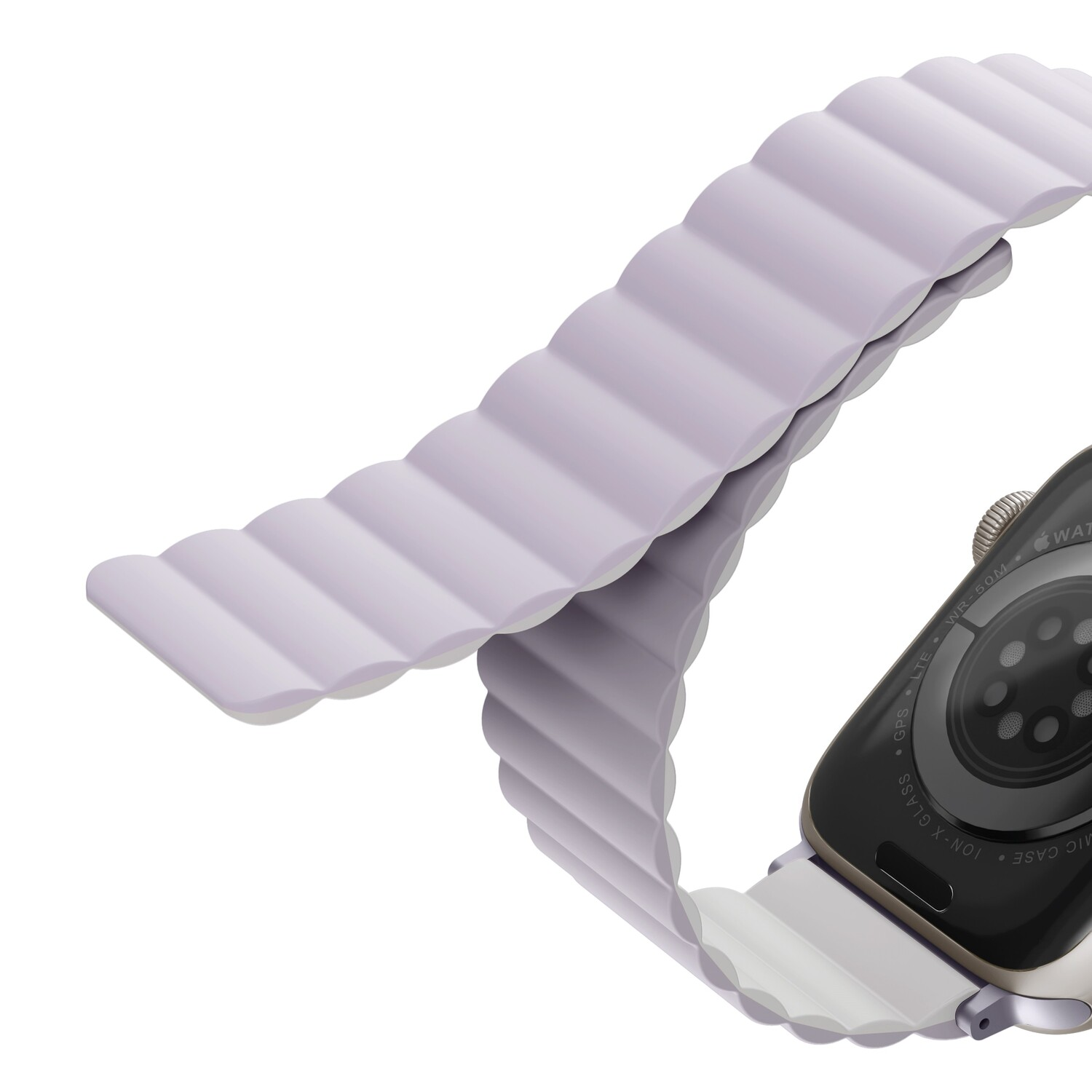 An Apple Watch with a lavender-colored magnetic band, close-up view.