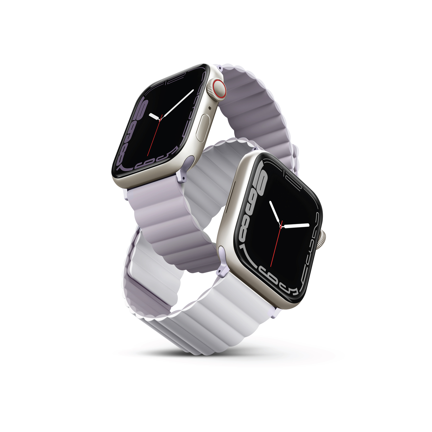 Two Apple watches with white bands, overlapping each other, against a white background.