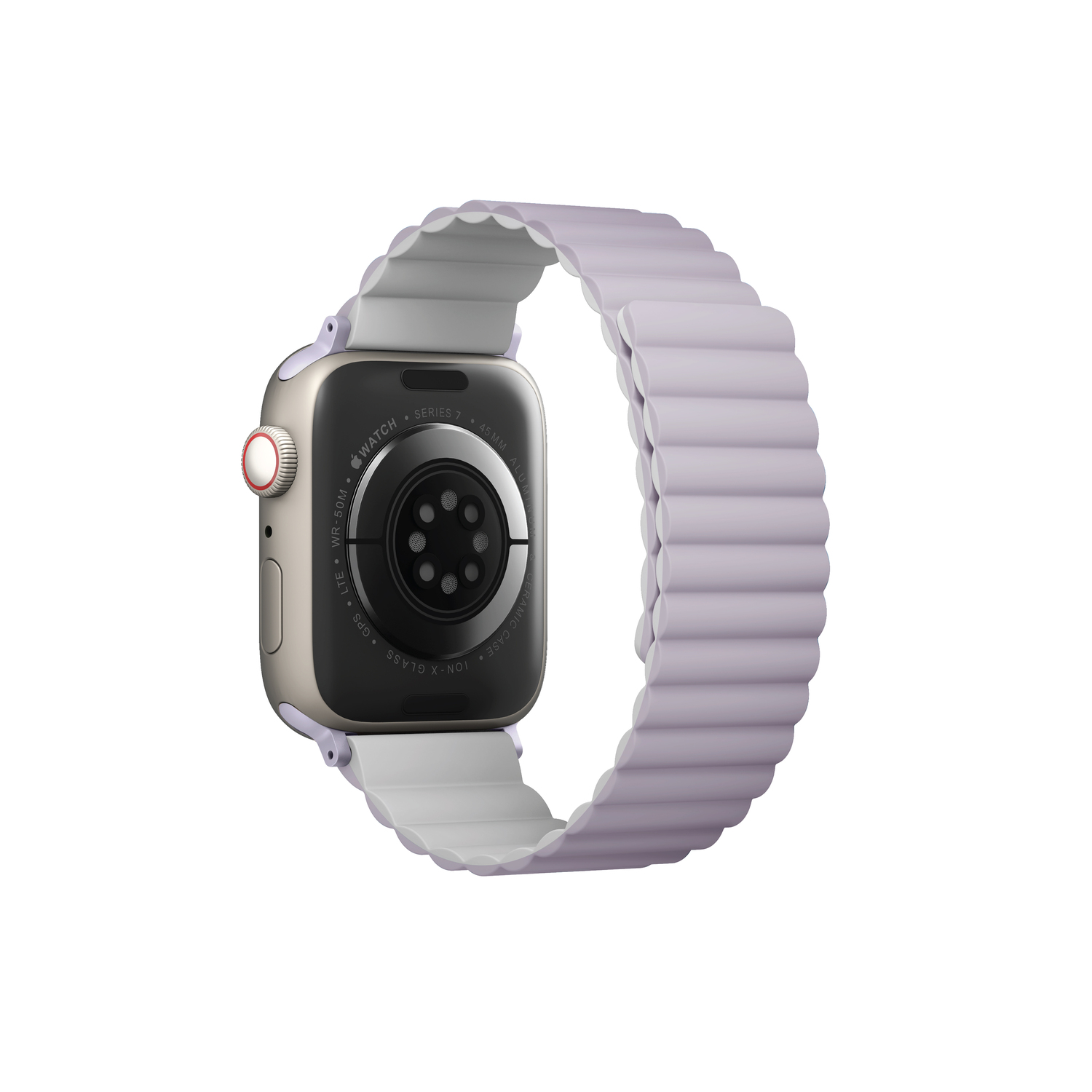 Back view of a lavender Apple Watch with a white band. White background.
