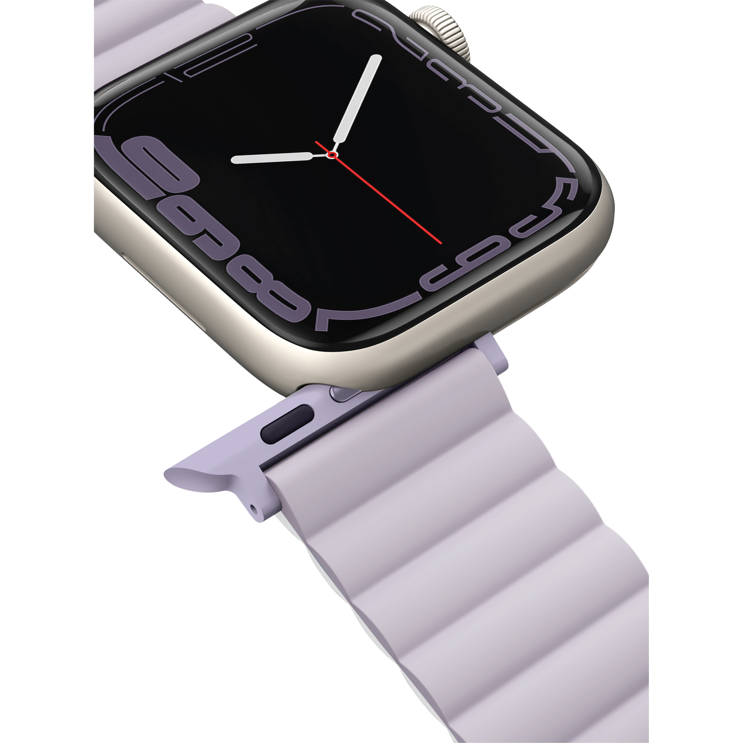 Apple Watch with a lavender strap. The watch face is black with white hands and a red second hand.