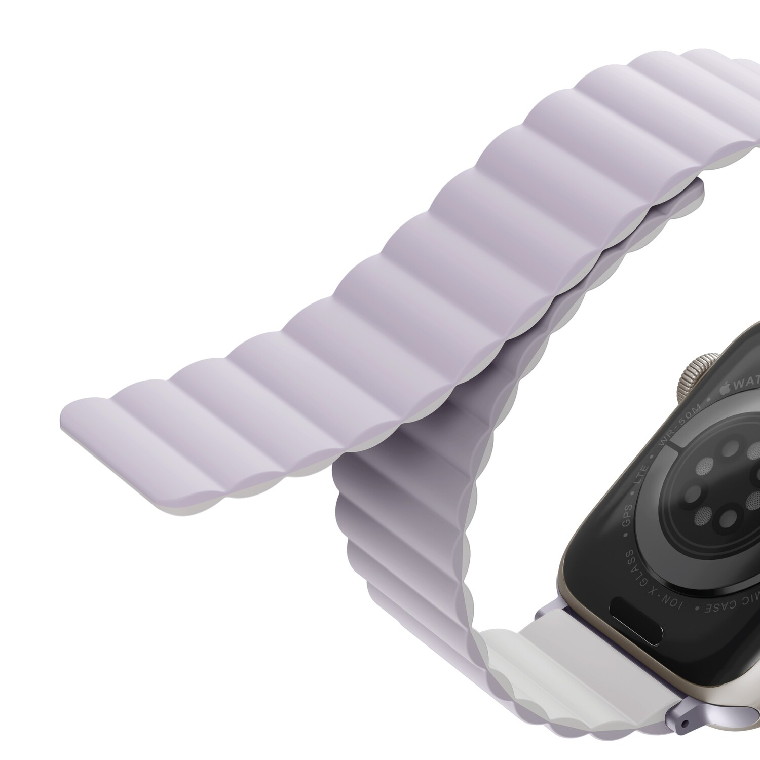 Close-up of a light purple Apple Watch band. Wavy design, magnetic closure.