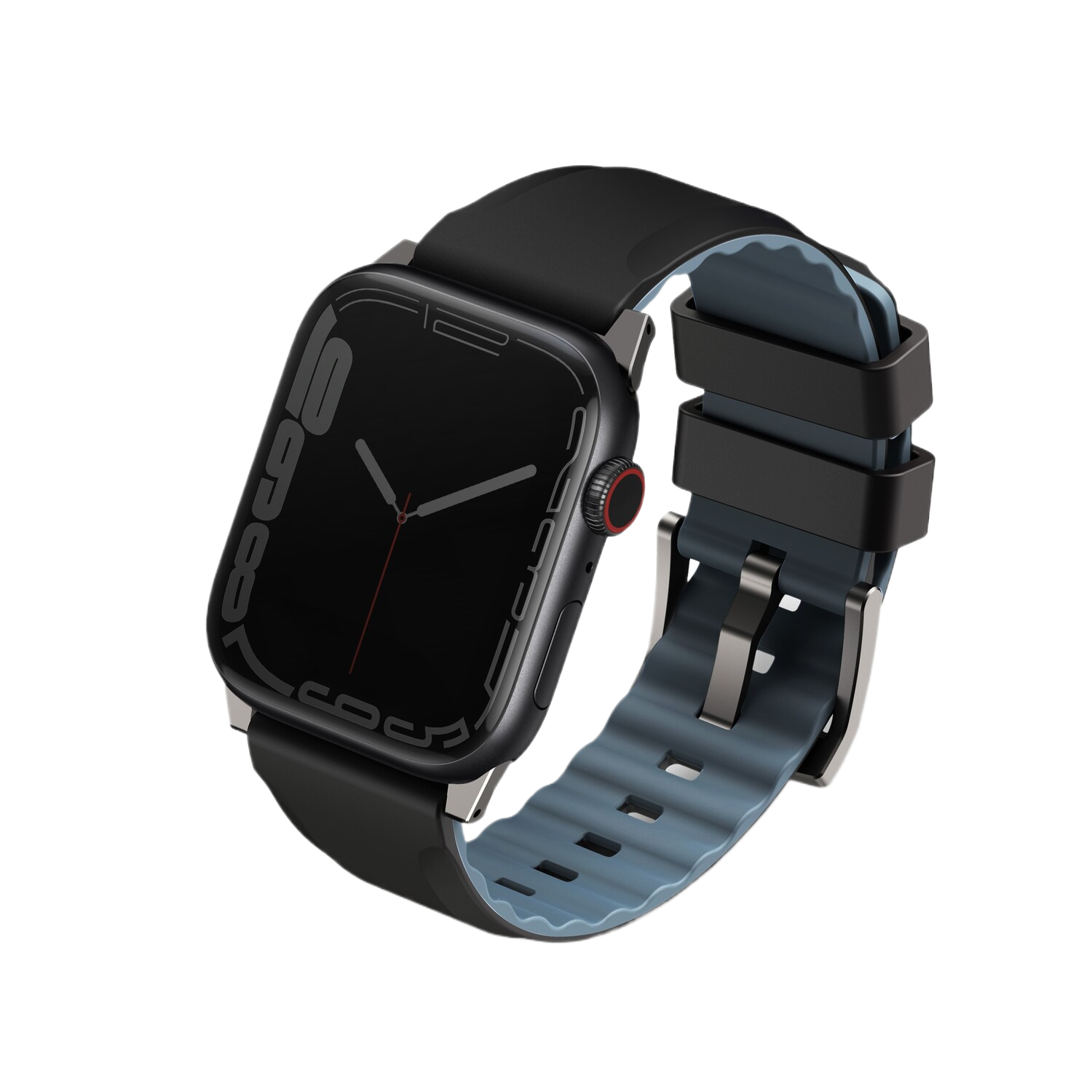 Apple Watch noire avec bracelet noir et détails bleus. La montre est inclinée sur fond noir.