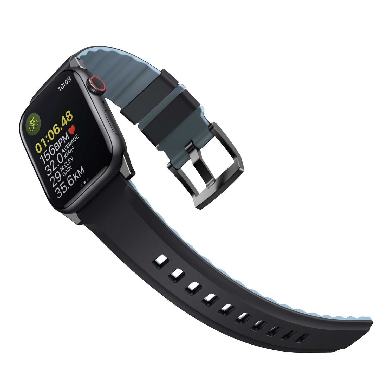Montre connectée noire et grise avec bracelet noir, métriques de cycliste affichées.