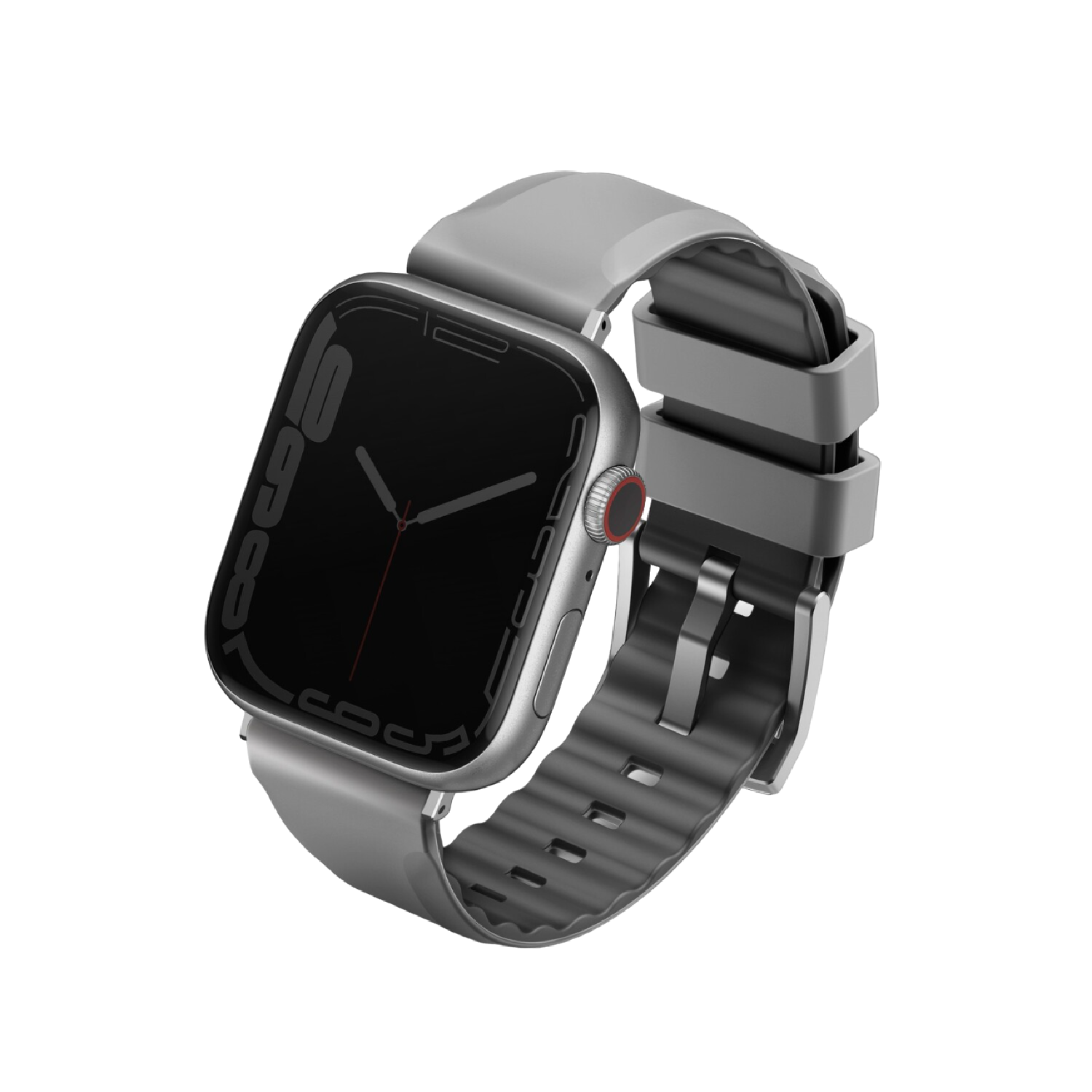 Apple Watch argent avec écran noir et bracelet gris avec bande noire, sur fond noir.