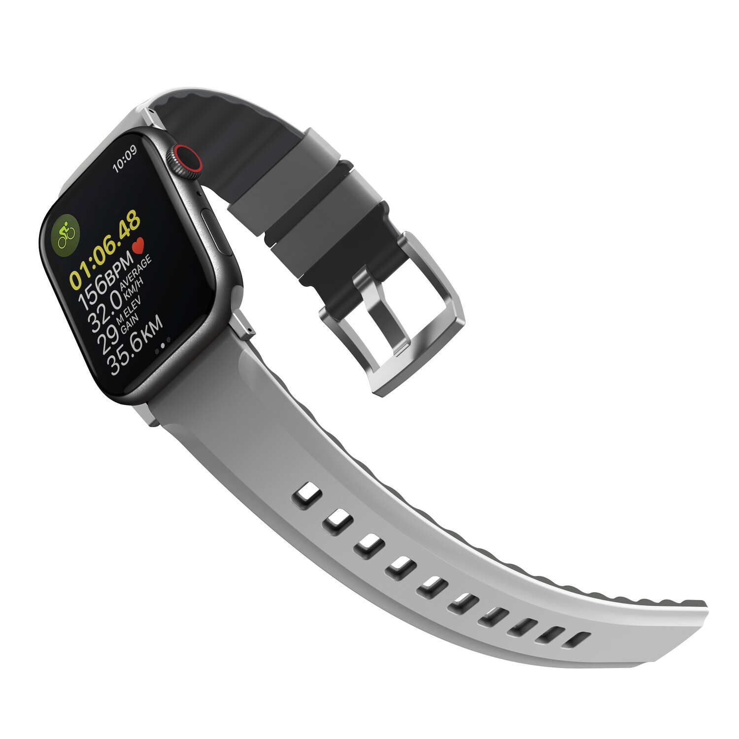 Une montre intelligente grise avec un bracelet gris. Le cadran affiche des données.