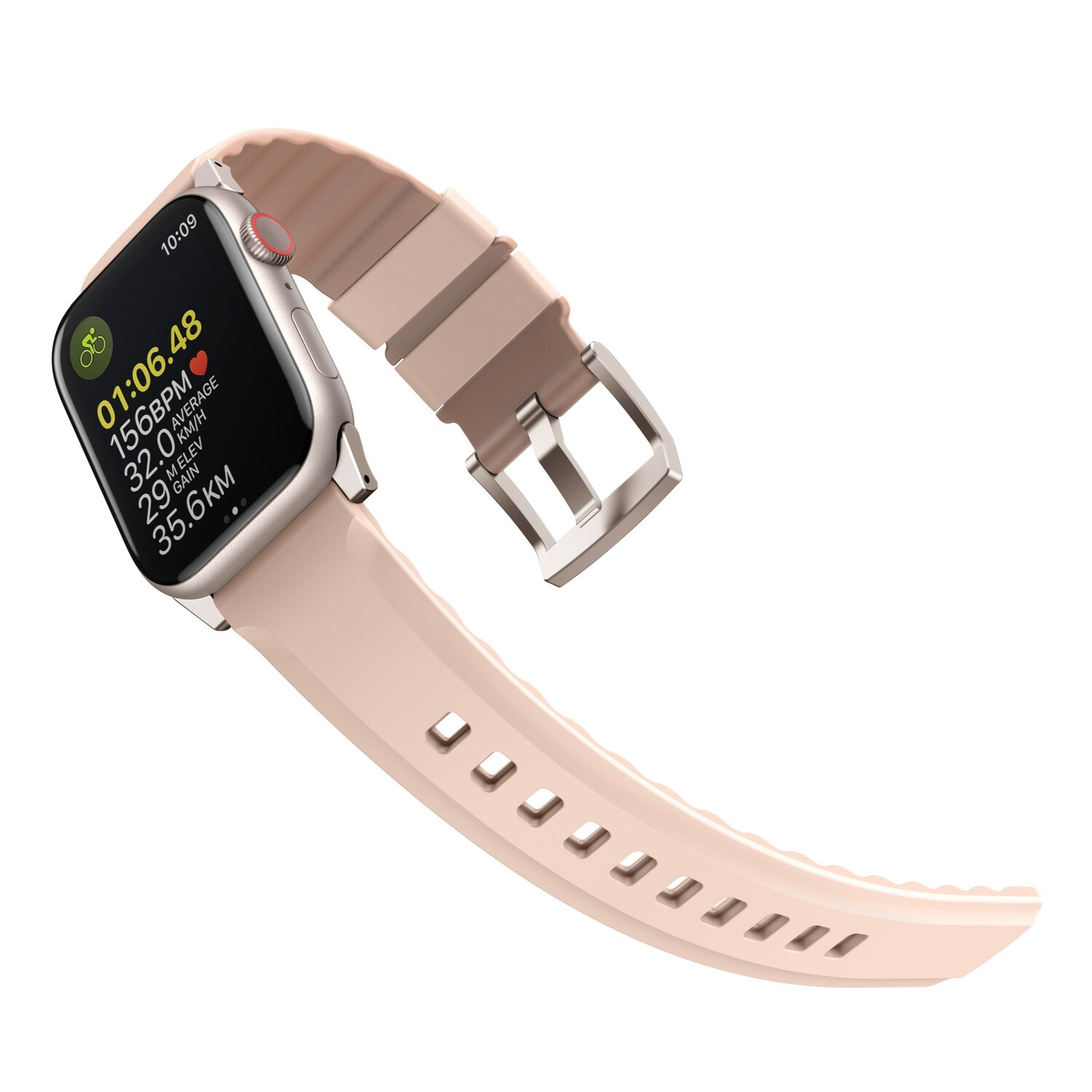 Apple Watch on a pink sport band. The screen displays workout metrics like heart rate and distance.