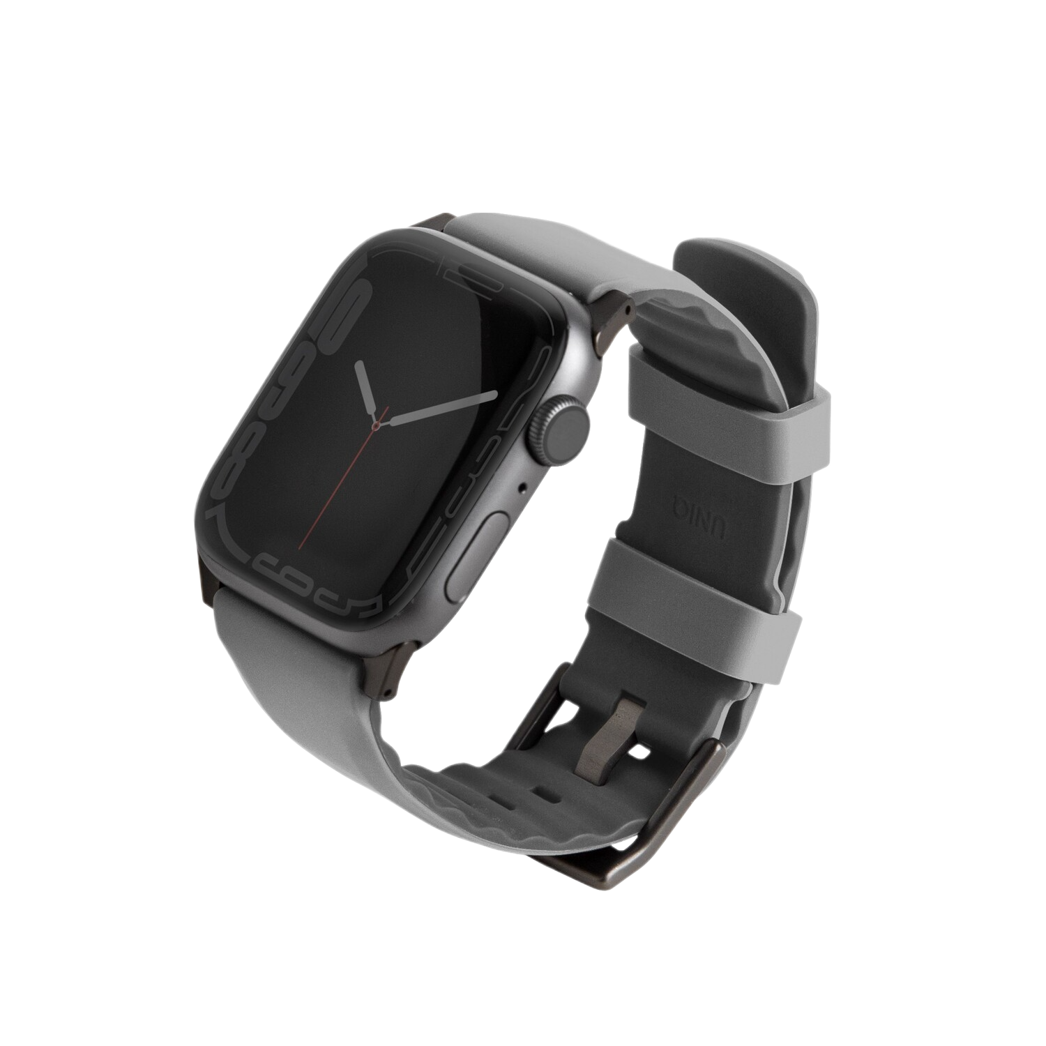 Une Apple Watch argentée avec un bracelet gris. La montre est sur un fond noir.
