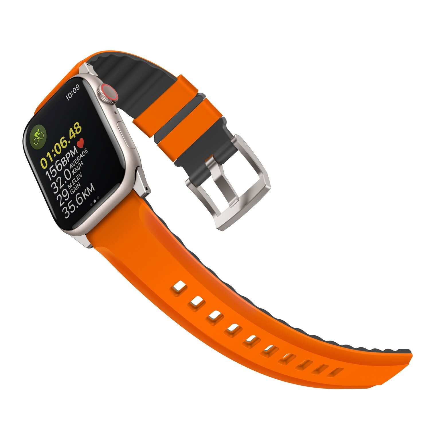 Orange smartwatch with black band. Screen displays workout data. Silver clasp is visible.