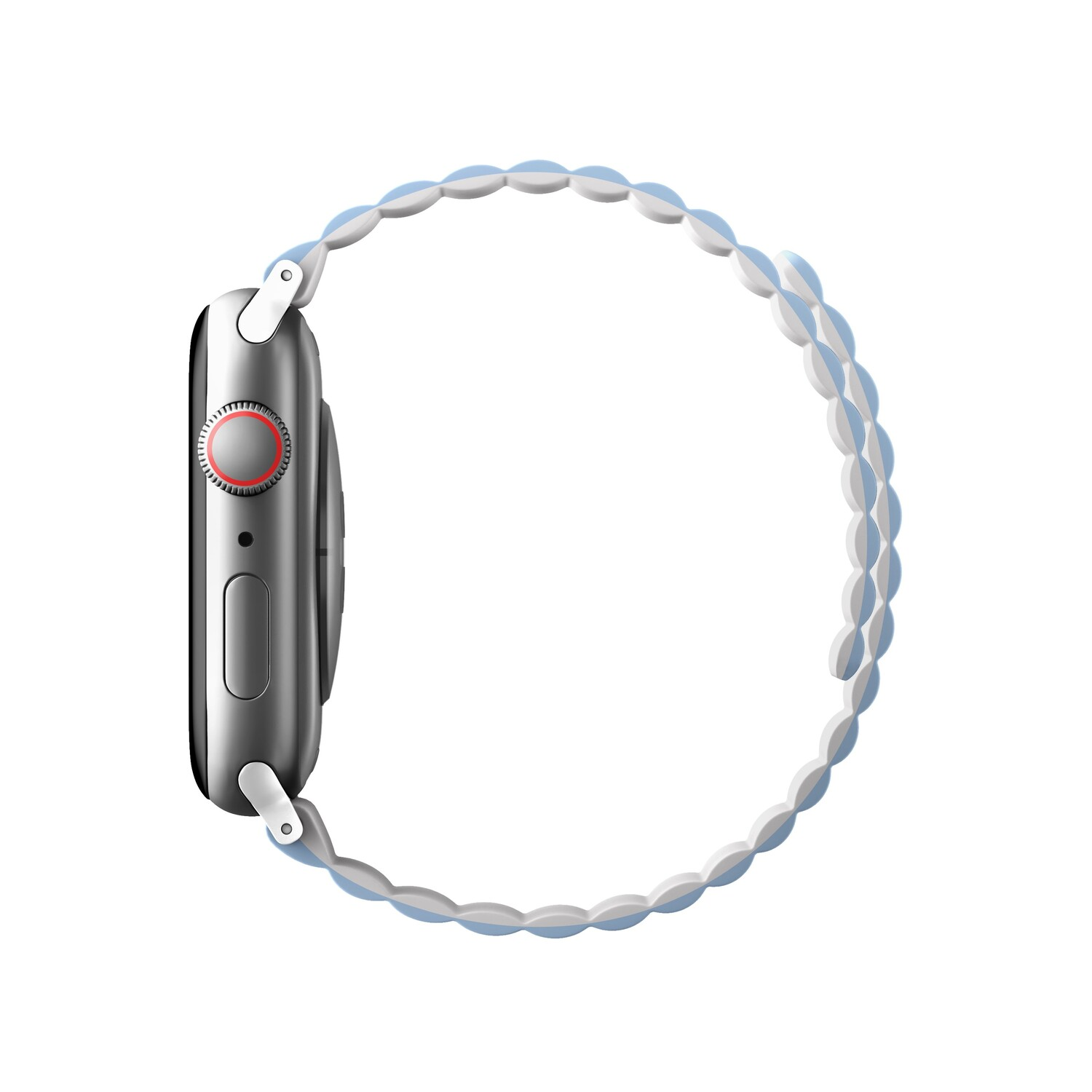 Side view of an Apple Watch with a light blue and white band. Pebble-like design.