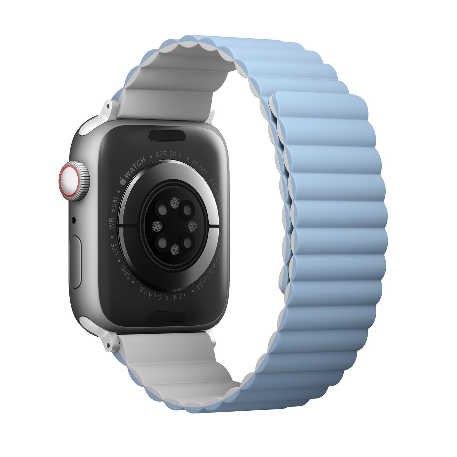 Apple Watch Series 7, silver case, blue magnetic band. The back shows the watch's details.