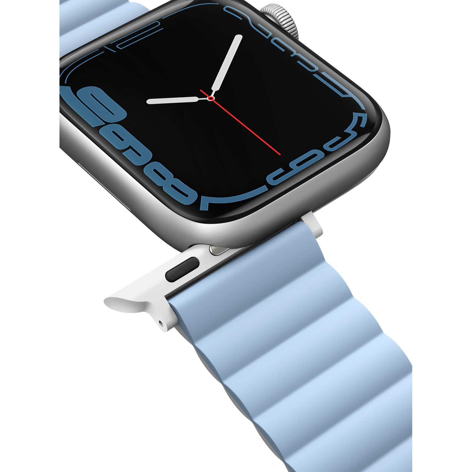 Close up of a smartwatch with a light blue strap, showing the time and date.
