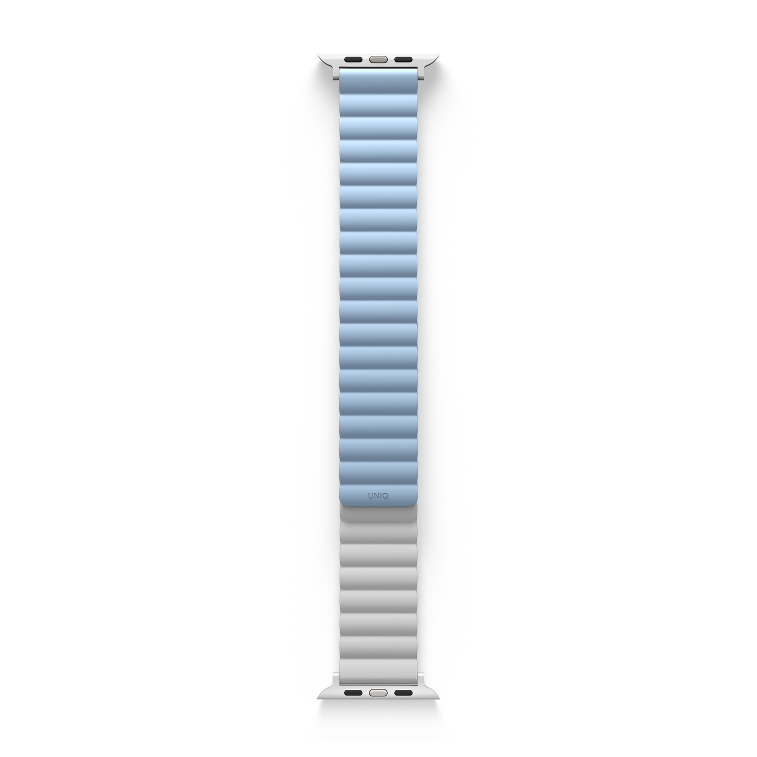 Apple Watch band. Light blue and silver color. Vertical view.