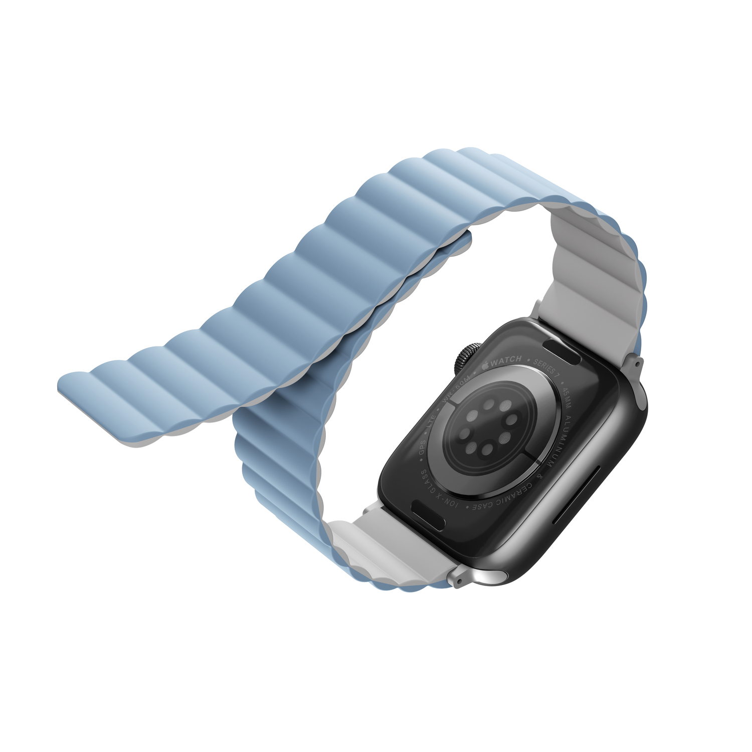 The back of a silver and black smartwatch with a wavy blue strap. The watch is angled showing the band.