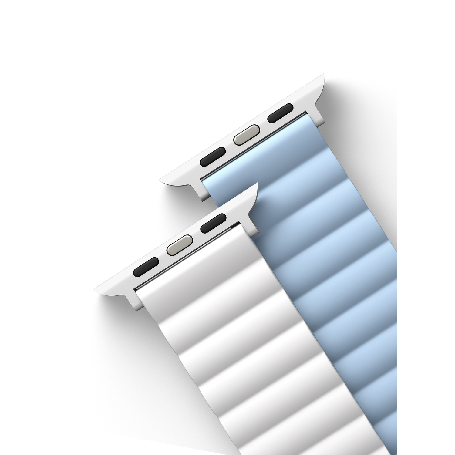 Two Apple Watch bands, white and blue, with their attachment mechanisms visible.