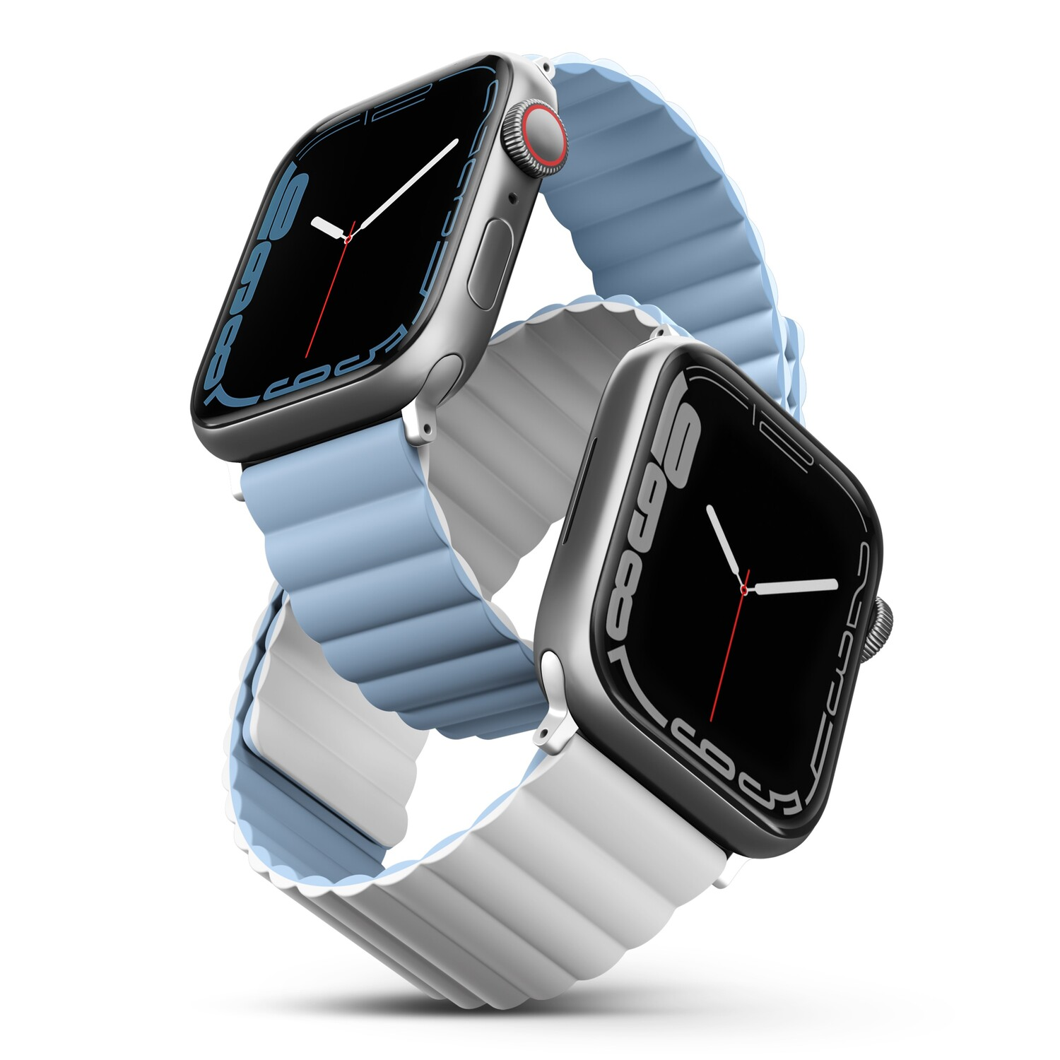 Two Apple Watches with light blue and white bands. They are on a white background.
