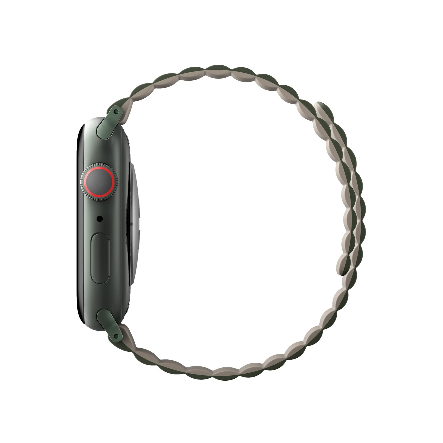 Side view of a green smartwatch with a loop band. The watch has a red button.