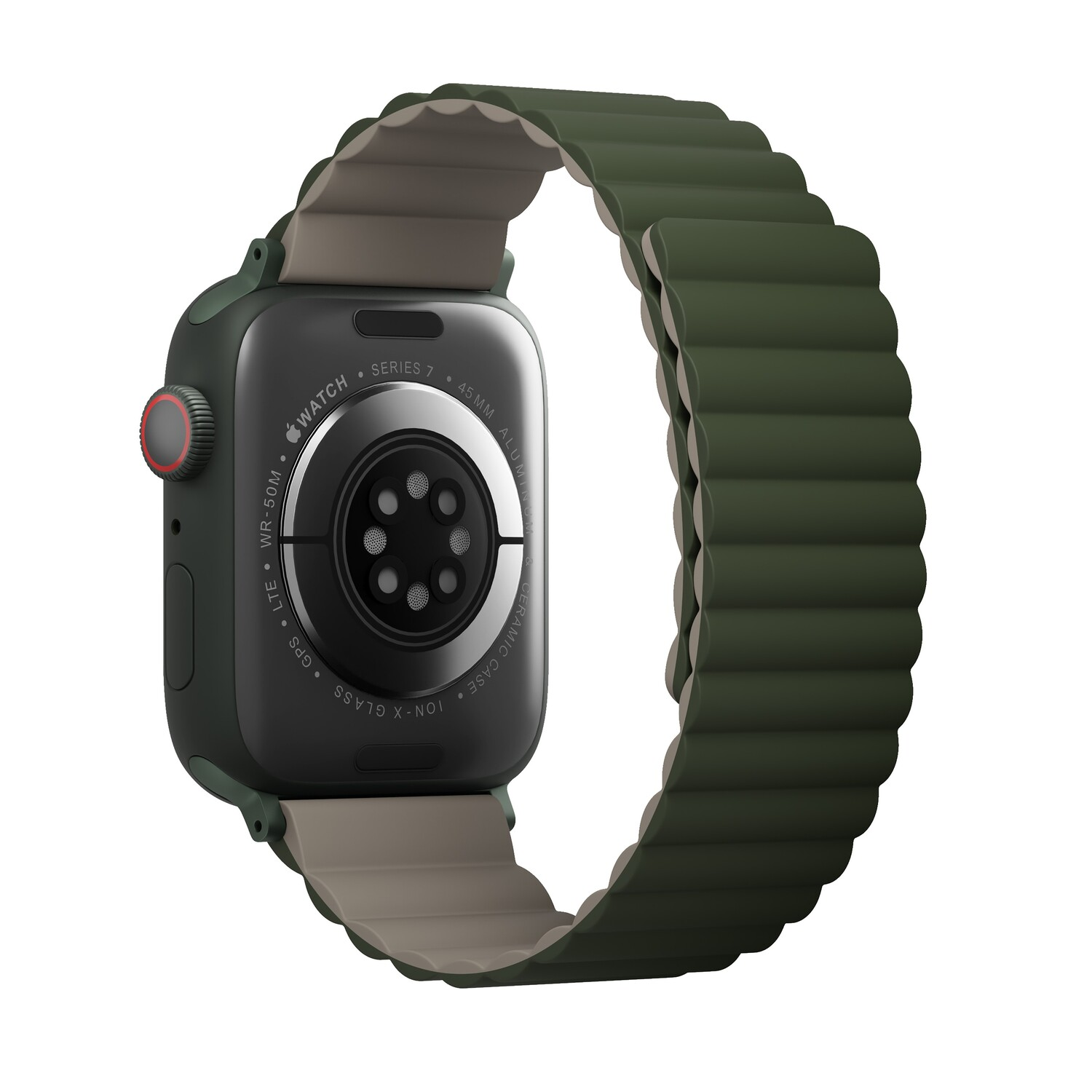 A dark green Apple Watch Series 7 with a green strap is shown from the back.