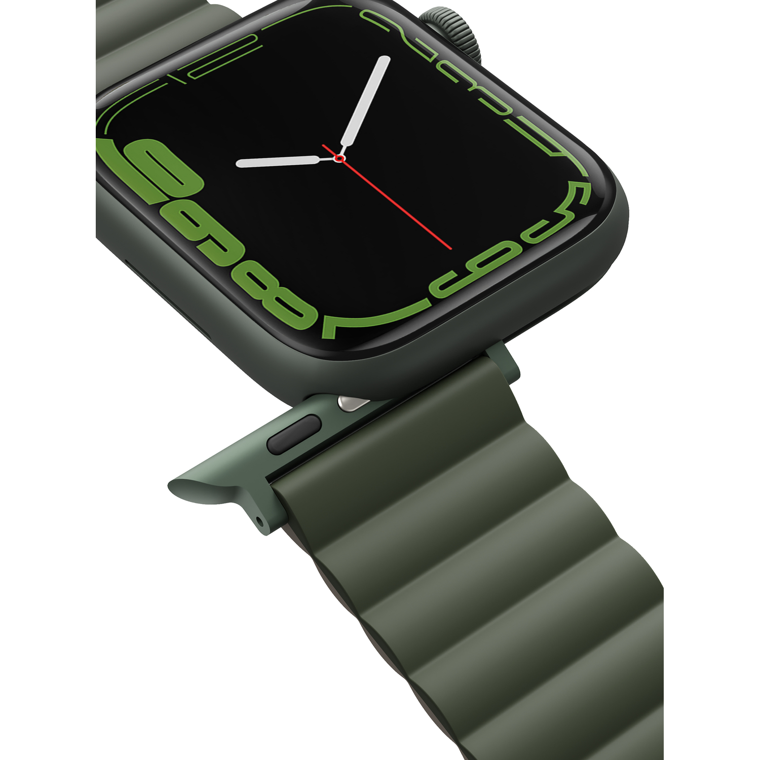 An olive green smartwatch with a black screen displaying a green time. The strap is connected.