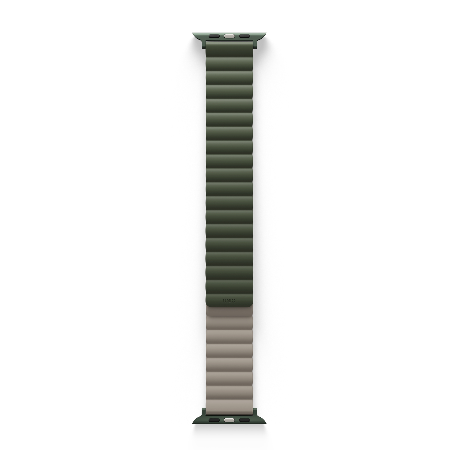 Green Apple Watch band, ridged design, with a light grey section. White background.