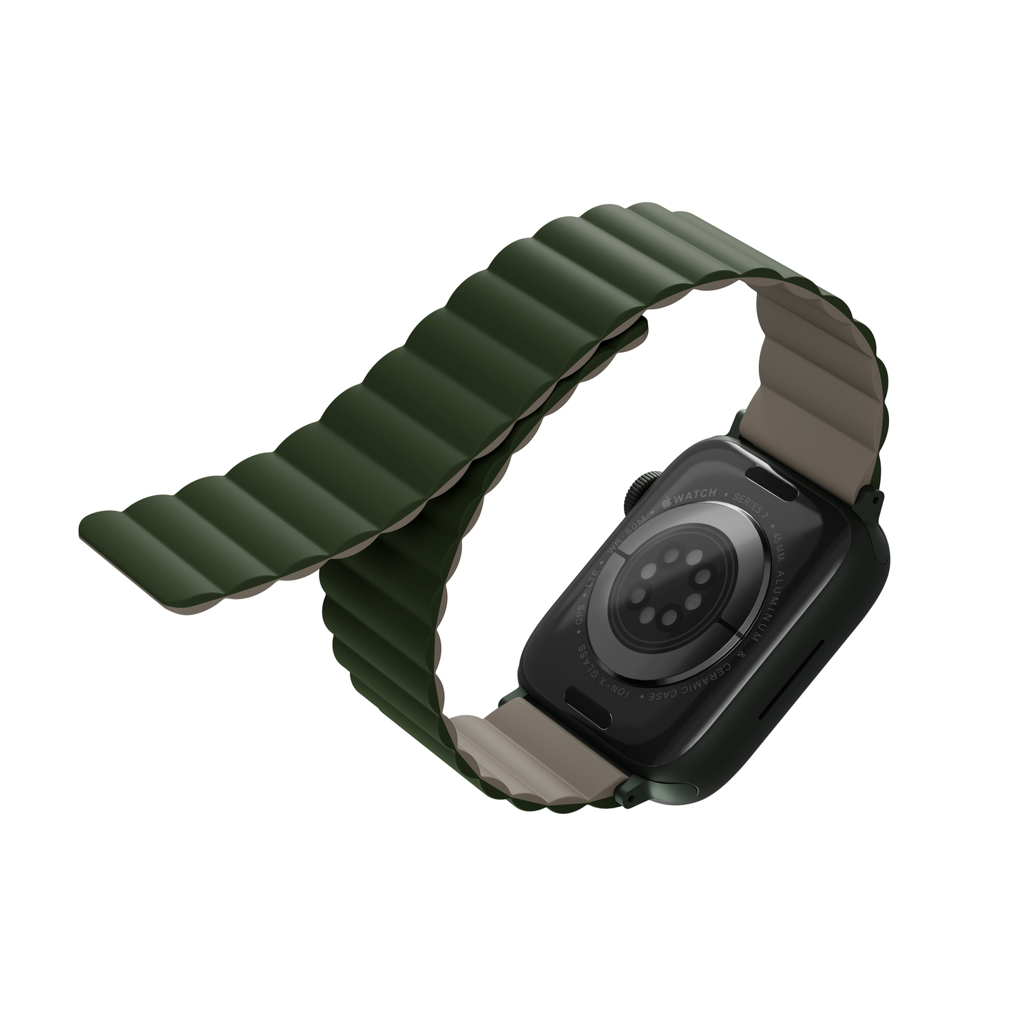 Apple Watch with green strap, gray back. The watch is angled.