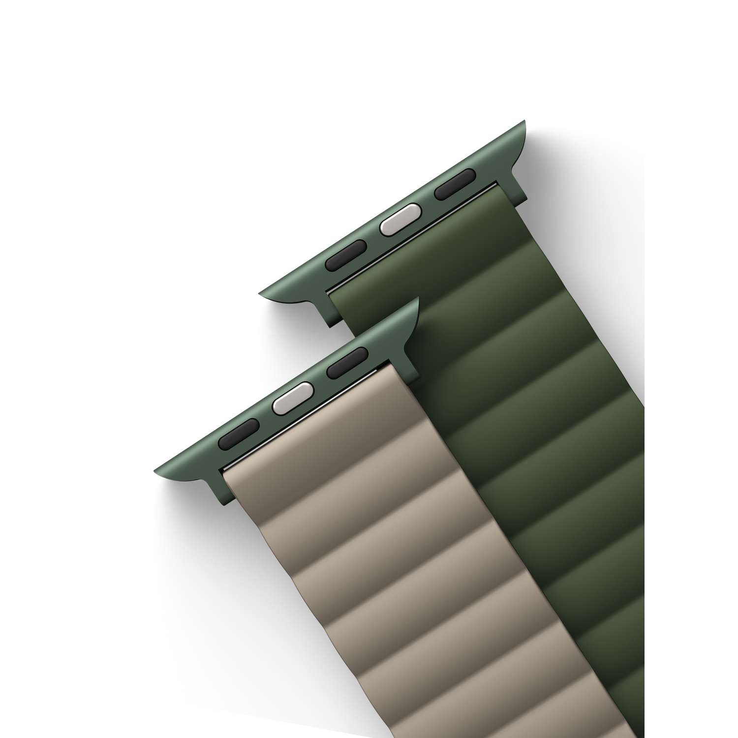 Two Apple Watch bands. One is light brown, the other is green, both with metallic connectors.