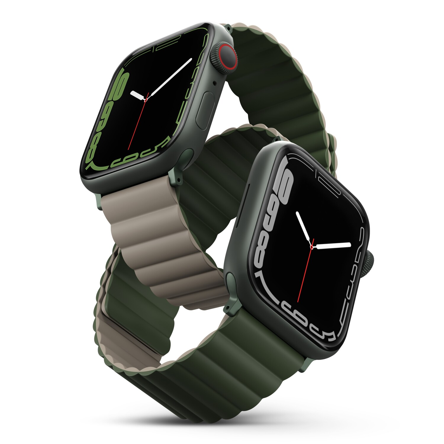 Two green smartwatches with olive straps, angled against a white background.