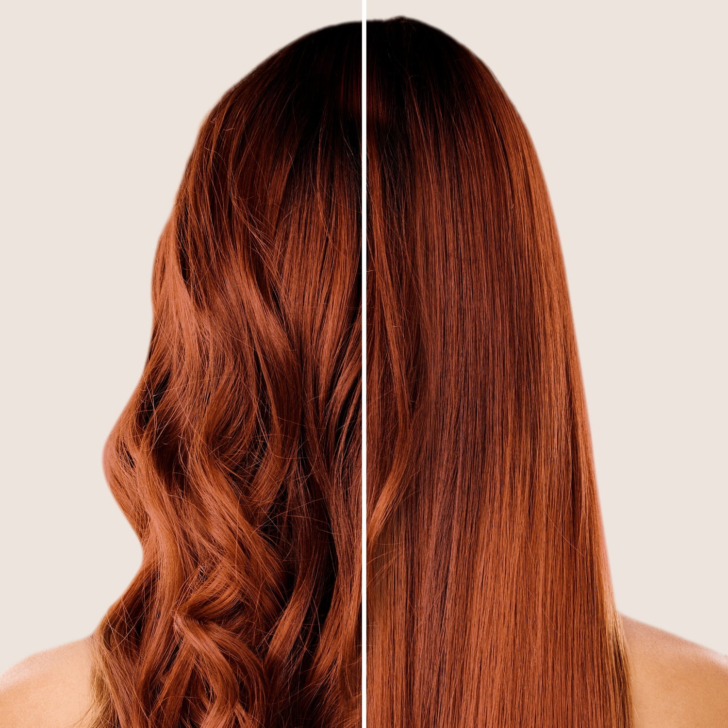 Comparación antes y después de cabello rojo: ondulado antes, liso después, sobre fondo claro.