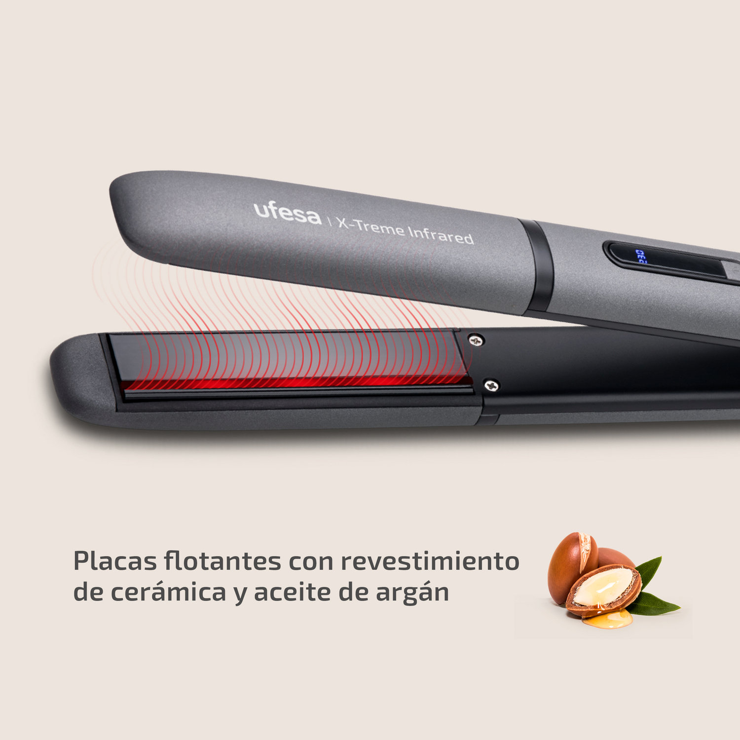 Plancha de pelo gris, líneas de calor rojas, texto y aceite de argán.