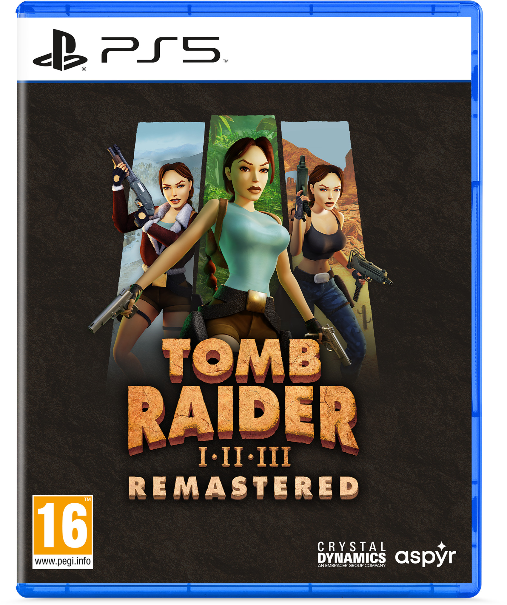 Okładka gry Tomb Raider I-II-III Remastered. Lara Croft pozuje z bronią. Inne postacie są za nią.