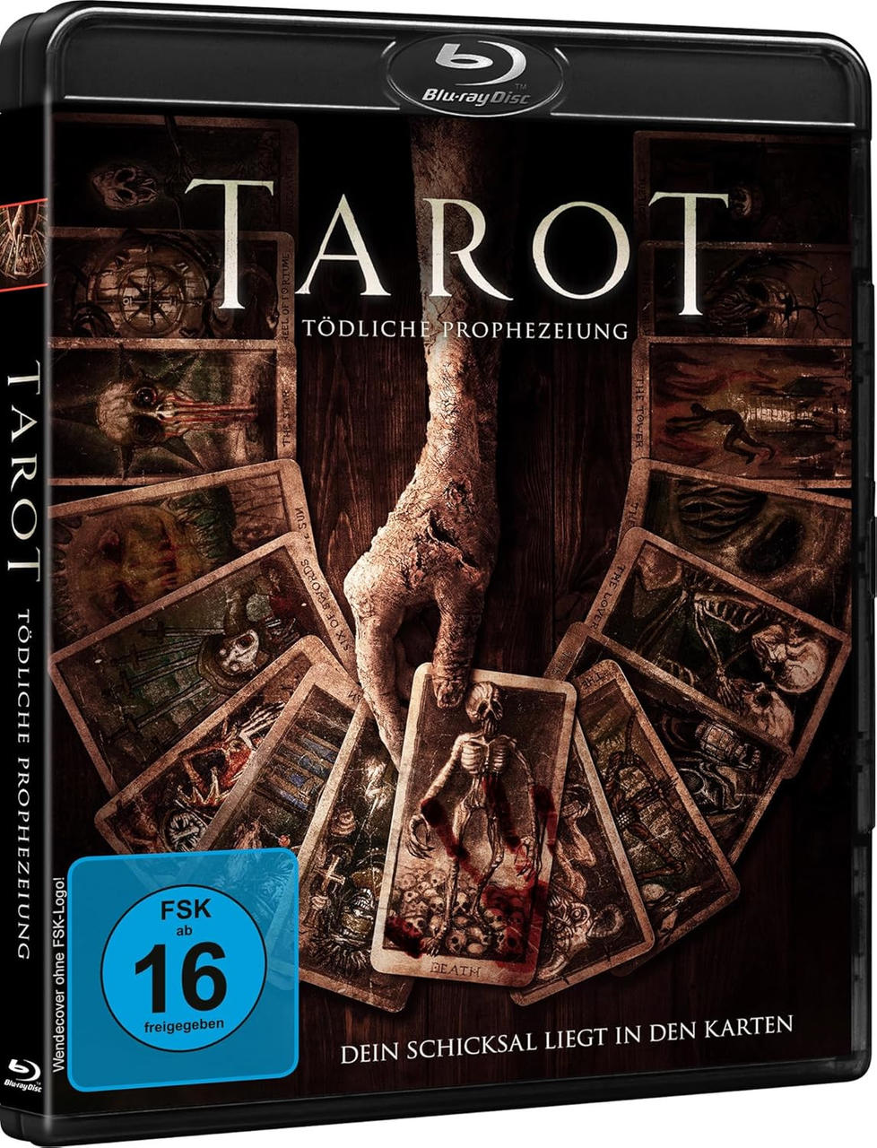 Blu-ray-Hülle mit dem Film 'Tarot' auf dem Cover. Eine Hand mit Karten ist im Zentrum.