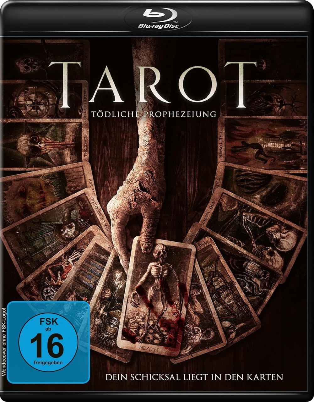 Blu-ray-Disc für Tarot. Dunkler Umschlag mit Tarotkarten und einer Hand mit Skelett.