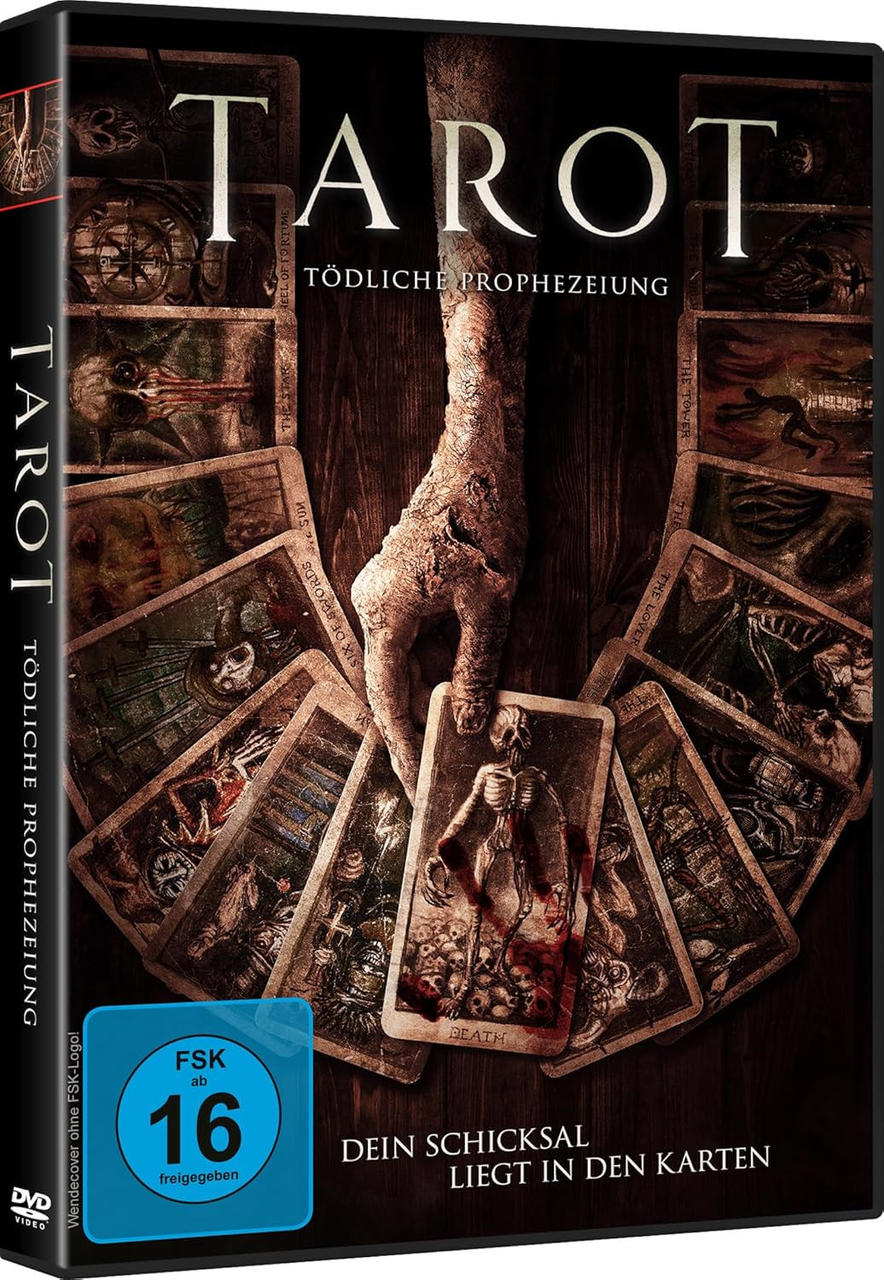 DVD-Hülle des Films 'TAROT' mit einer Hand voller Karten und den Worten 'TÖDLICHE PROPHEZEIUNG'.