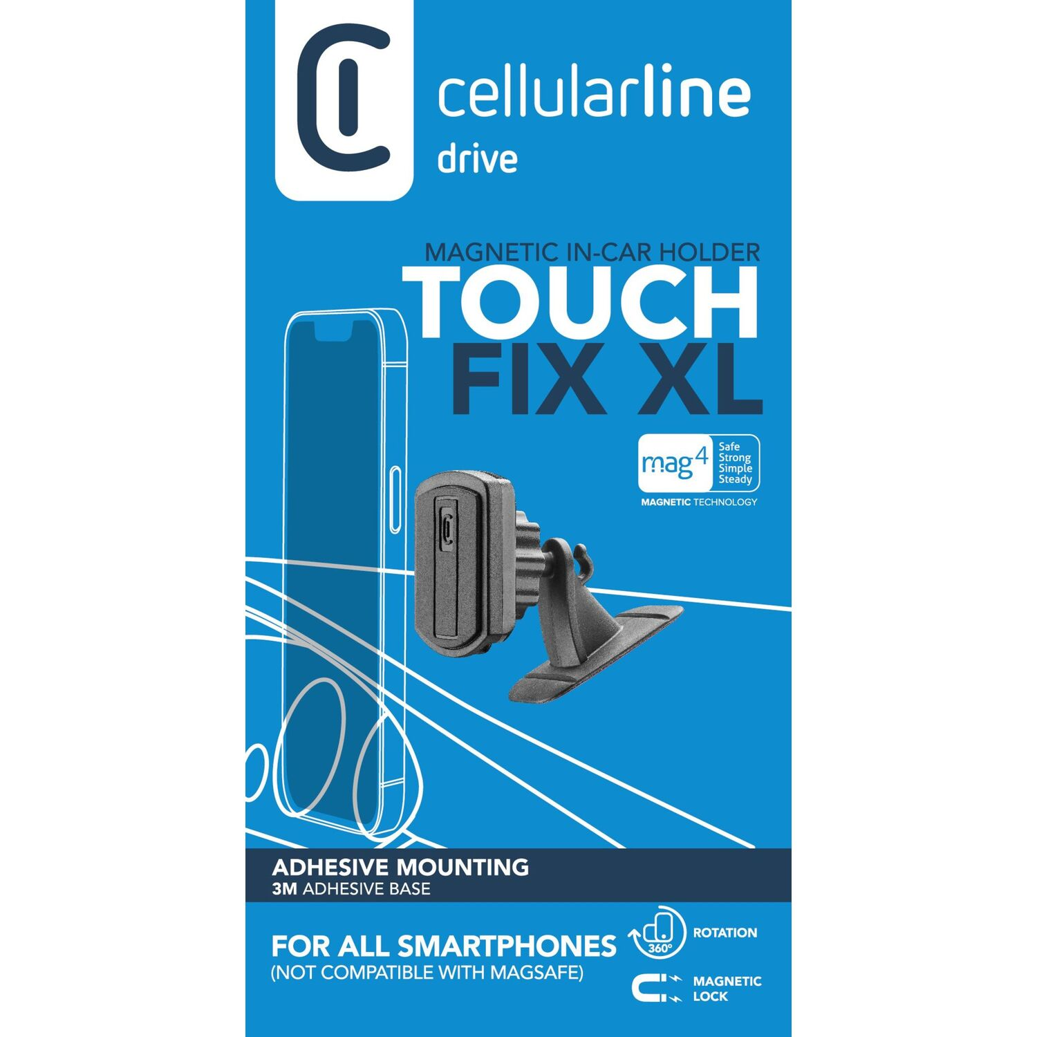 Emballage de support de téléphone de voiture montrant un téléphone et un support sur fond bleu.