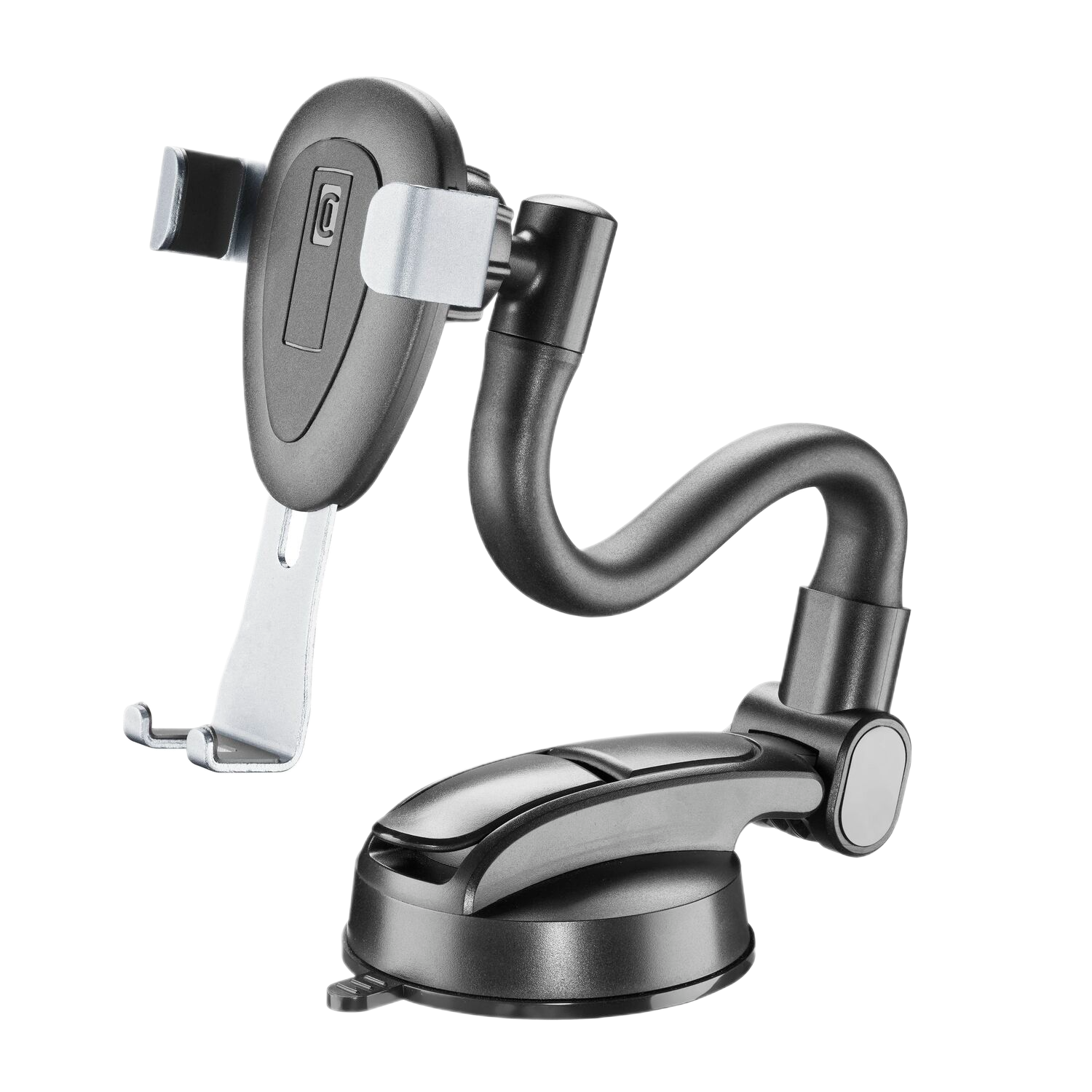 Support de téléphone de voiture noir avec bras flexible et ventouse, vue en angle.
