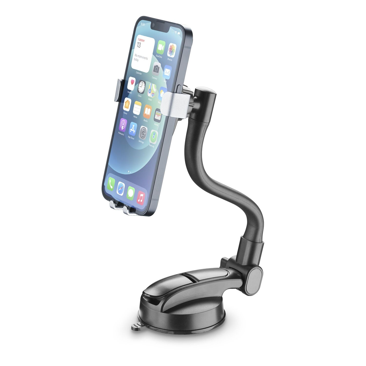 Un support de téléphone noir avec un smartphone attaché. Le téléphone affiche son écran d'accueil.