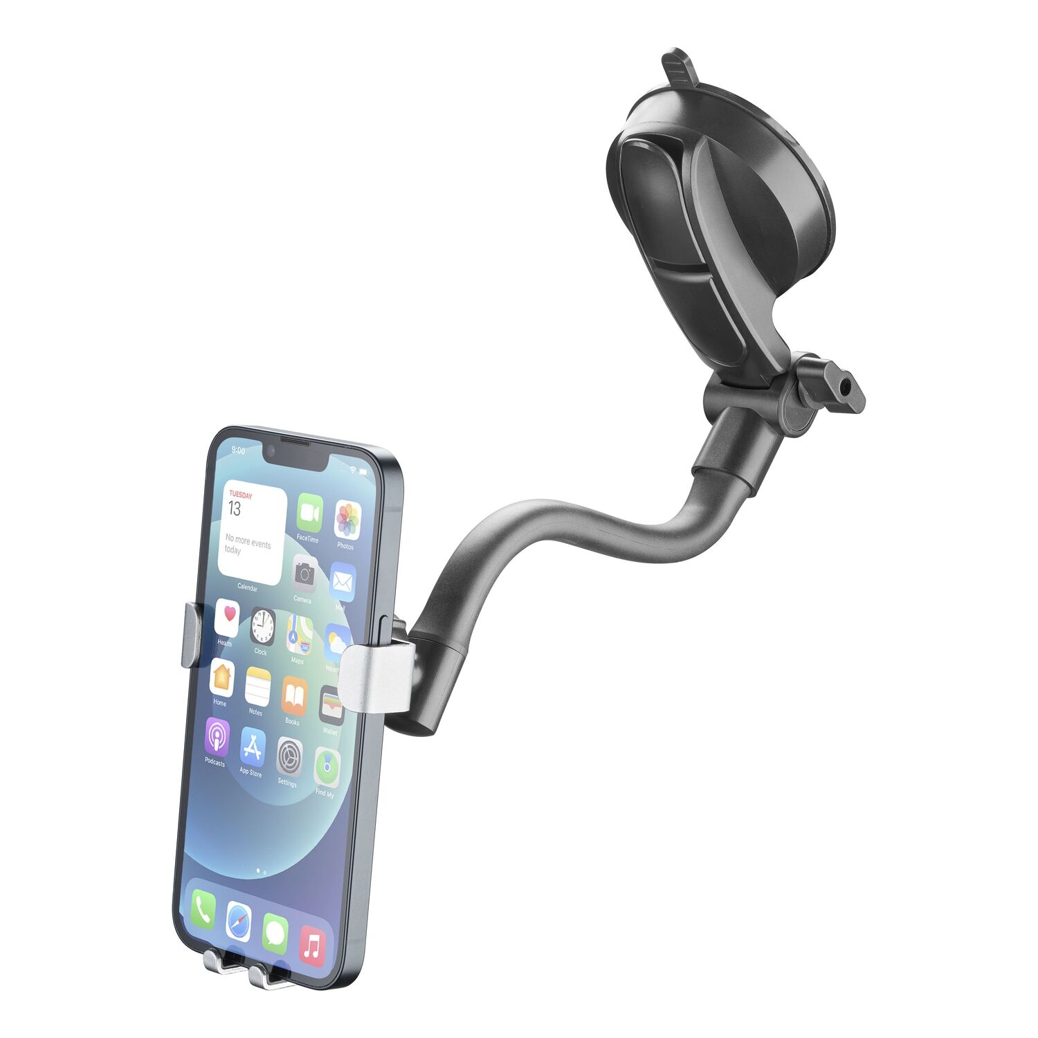 Un téléphone noir monté sur un support de téléphone de voiture, sur fond blanc.