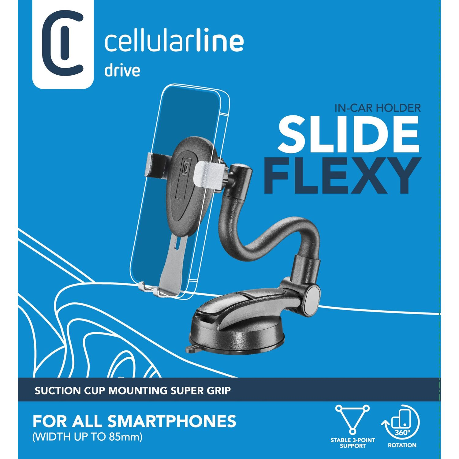 Un support de téléphone de voiture noir avec un téléphone dedans. Le support est fixé au tableau de bord et a une base à ventouse.