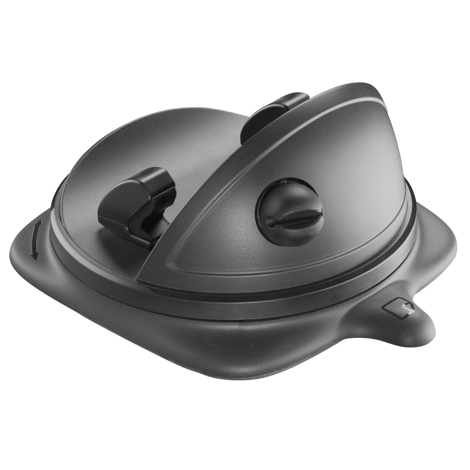 Black device with two clips. Flat, square shape. White background.