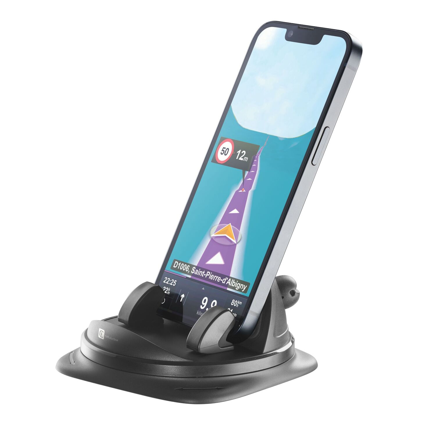 A phone in a black phone holder showing a navigation map.