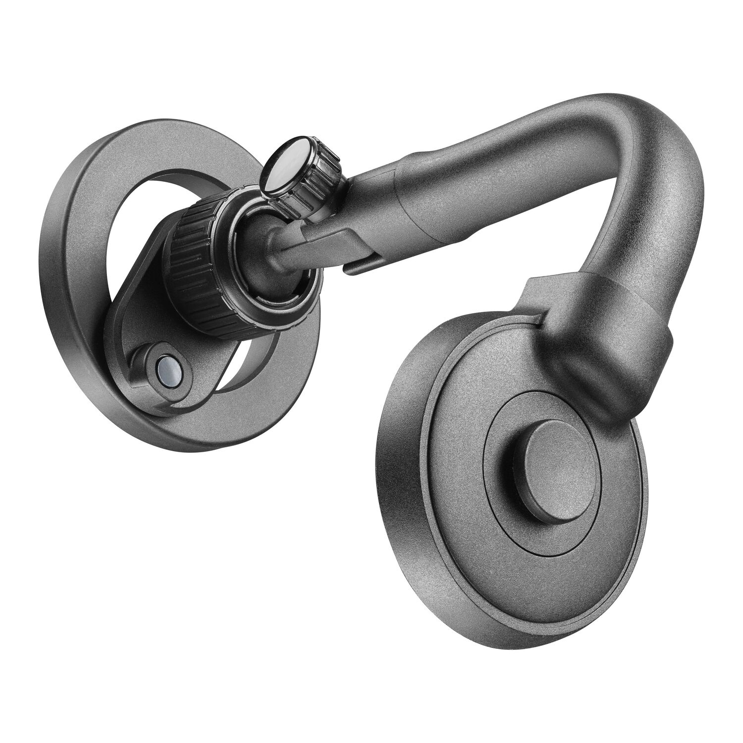 Gros plan d'un appareil audio de couleur grise avec un design circulaire.