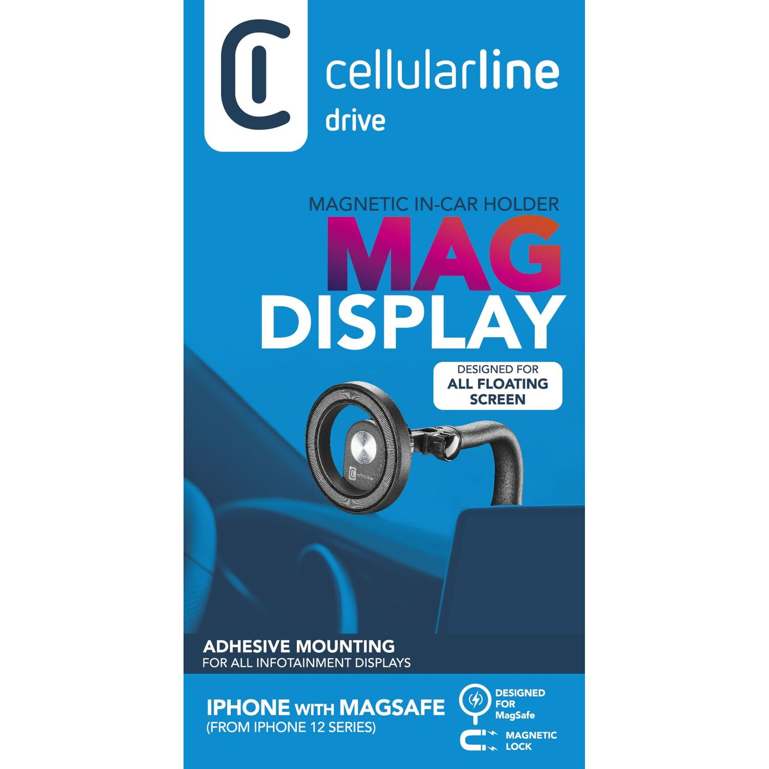 Support de téléphone de voiture Cellularline Mag Display. Noir, avec support magnétique et socle.