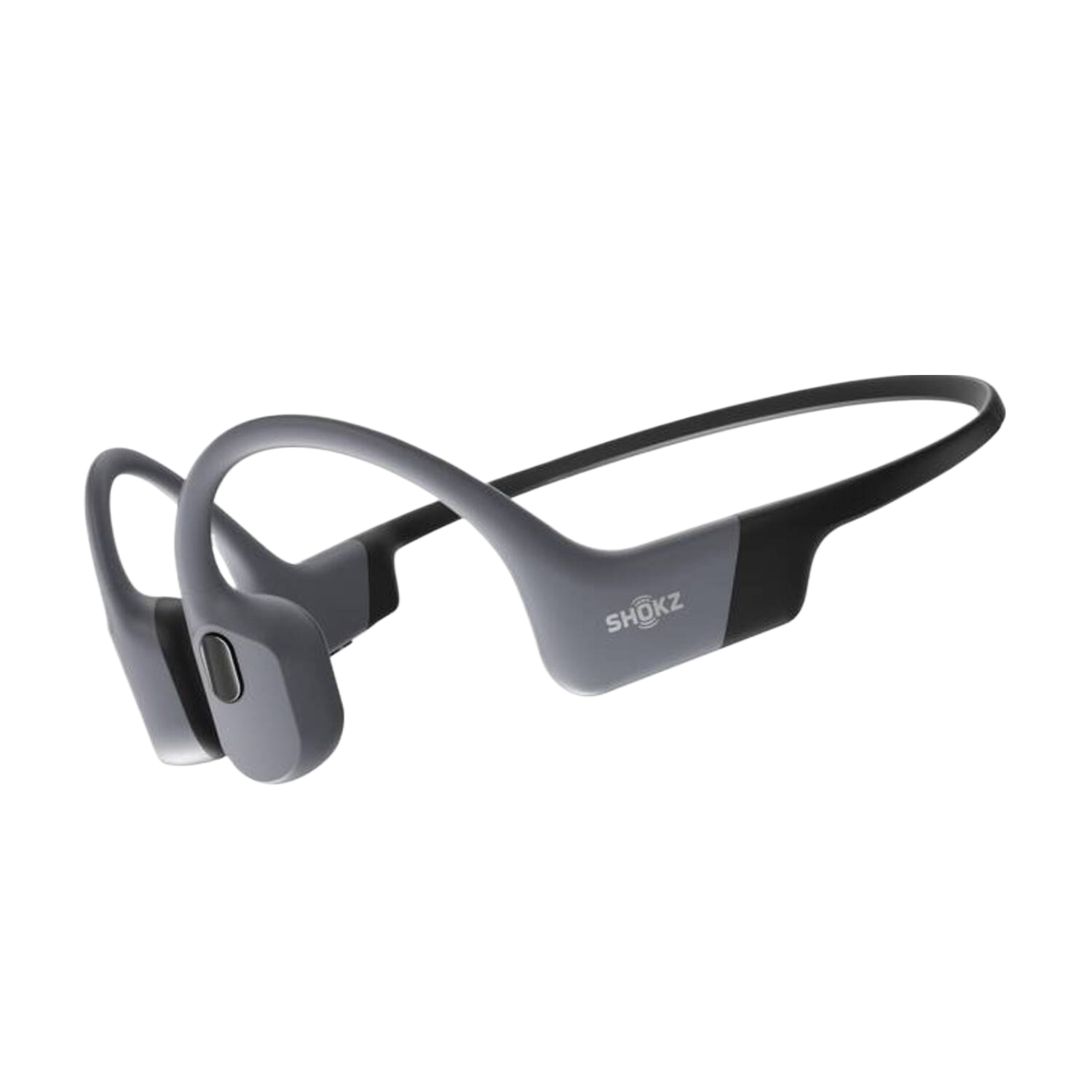 Casque à conduction osseuse Shokz gris, un design léger à oreilles ouvertes.
