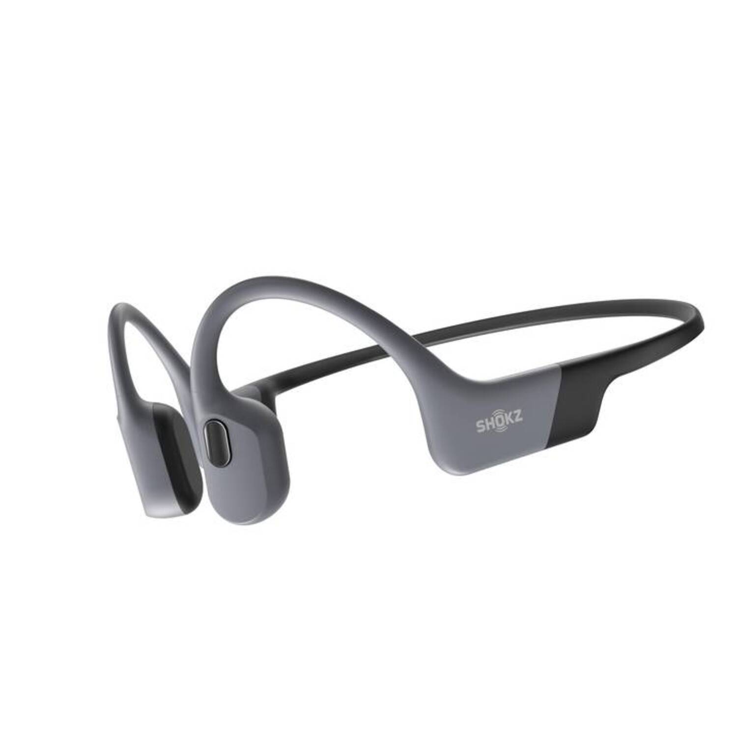 Casque à conduction osseuse Shokz gris. Conception à oreilles ouvertes avec tour de cou.