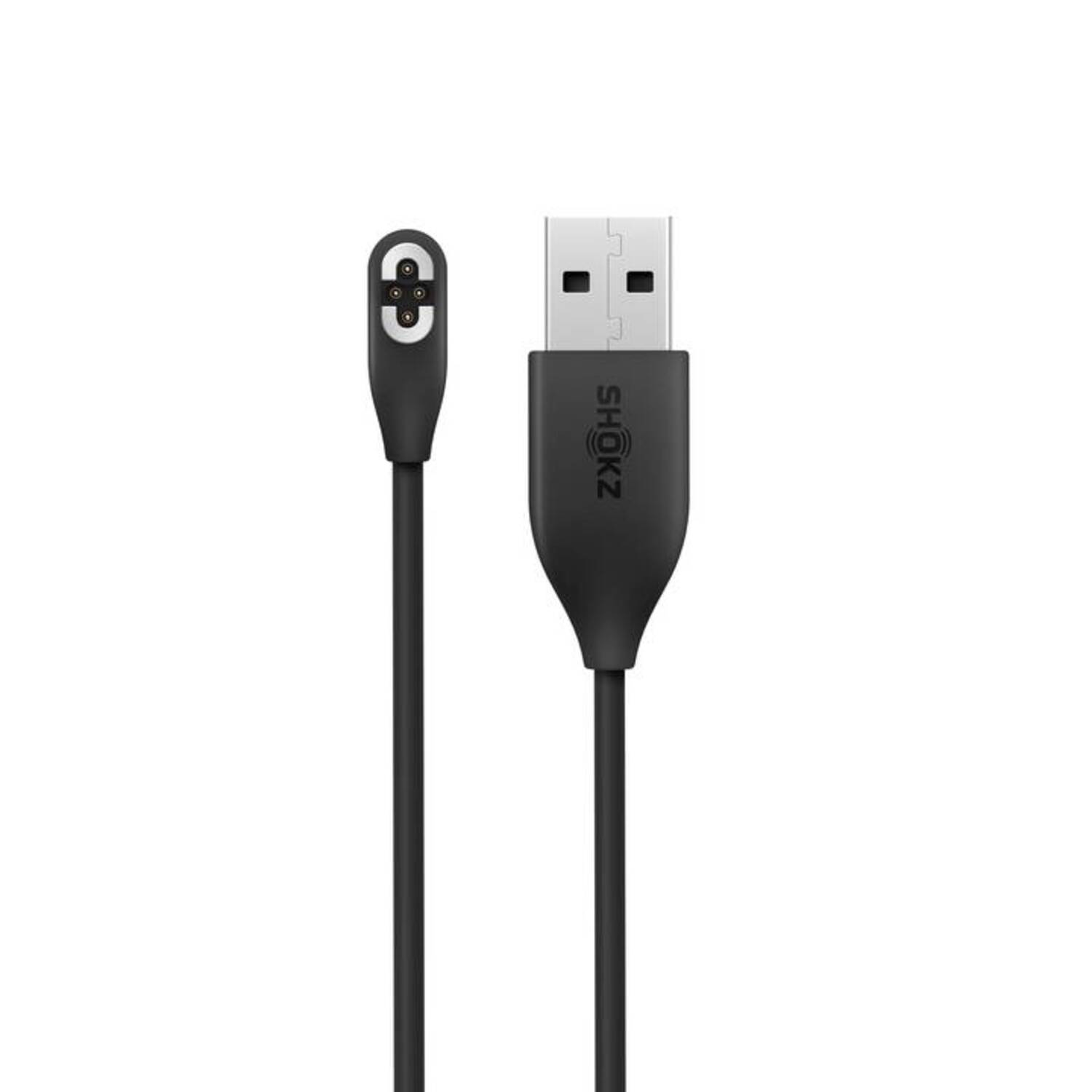 Câble de chargement USB Shokz noir. Une extrémité a un connecteur magnétique, l'autre un connecteur USB.
