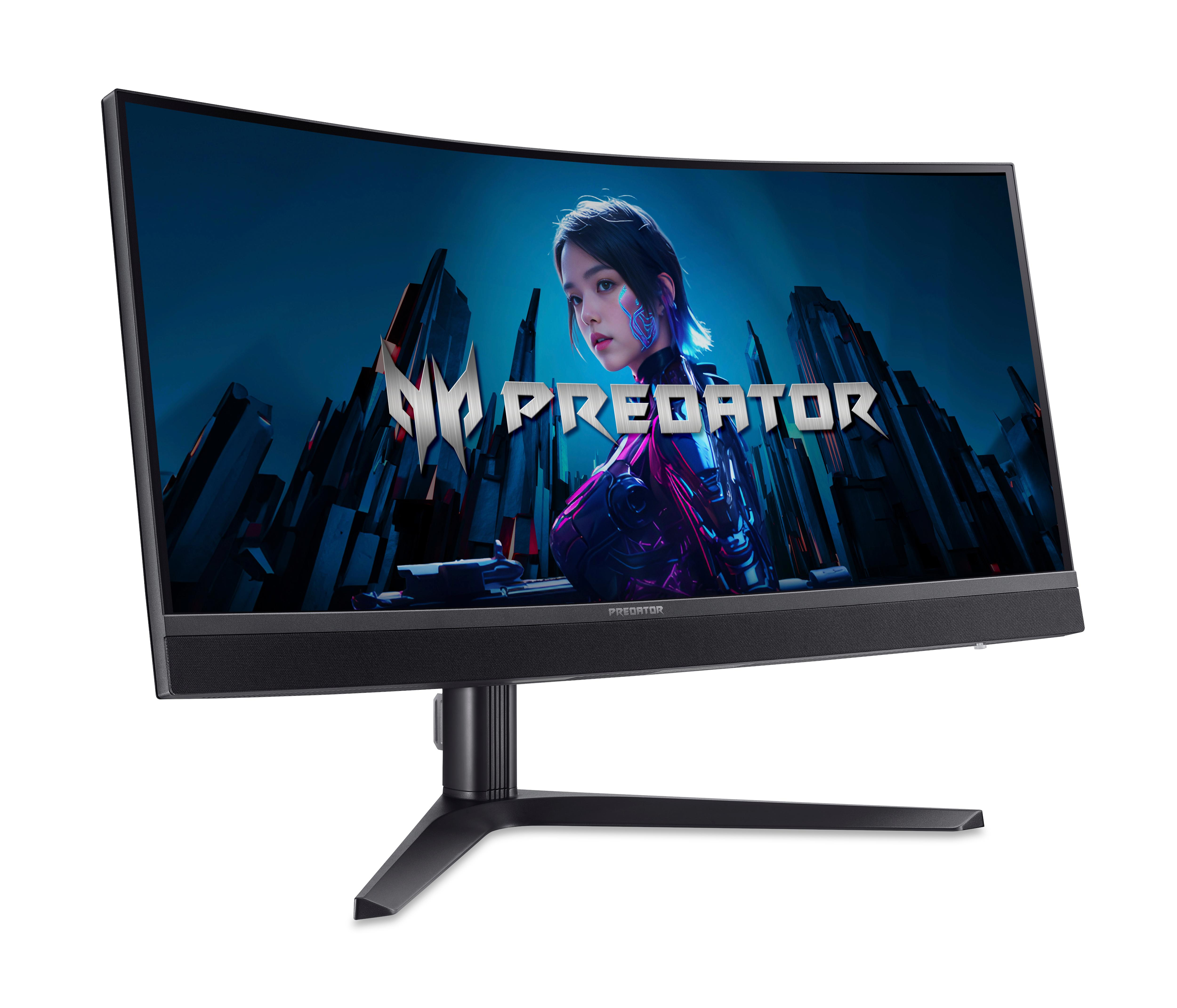 Gebogener Predator-Gaming-Monitor zeigt eine Frau und einen futuristischen Hintergrund.