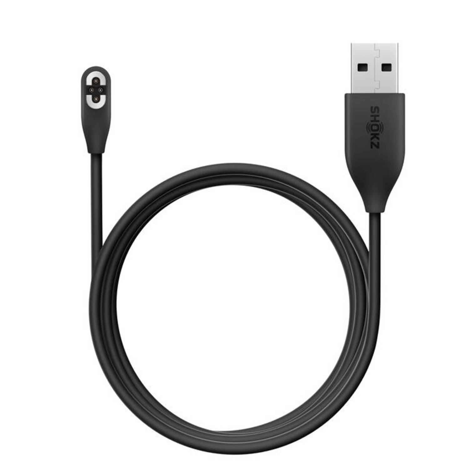 Câble de chargement USB Shokz noir. Une extrémité est USB, l'autre un connecteur magnétique.