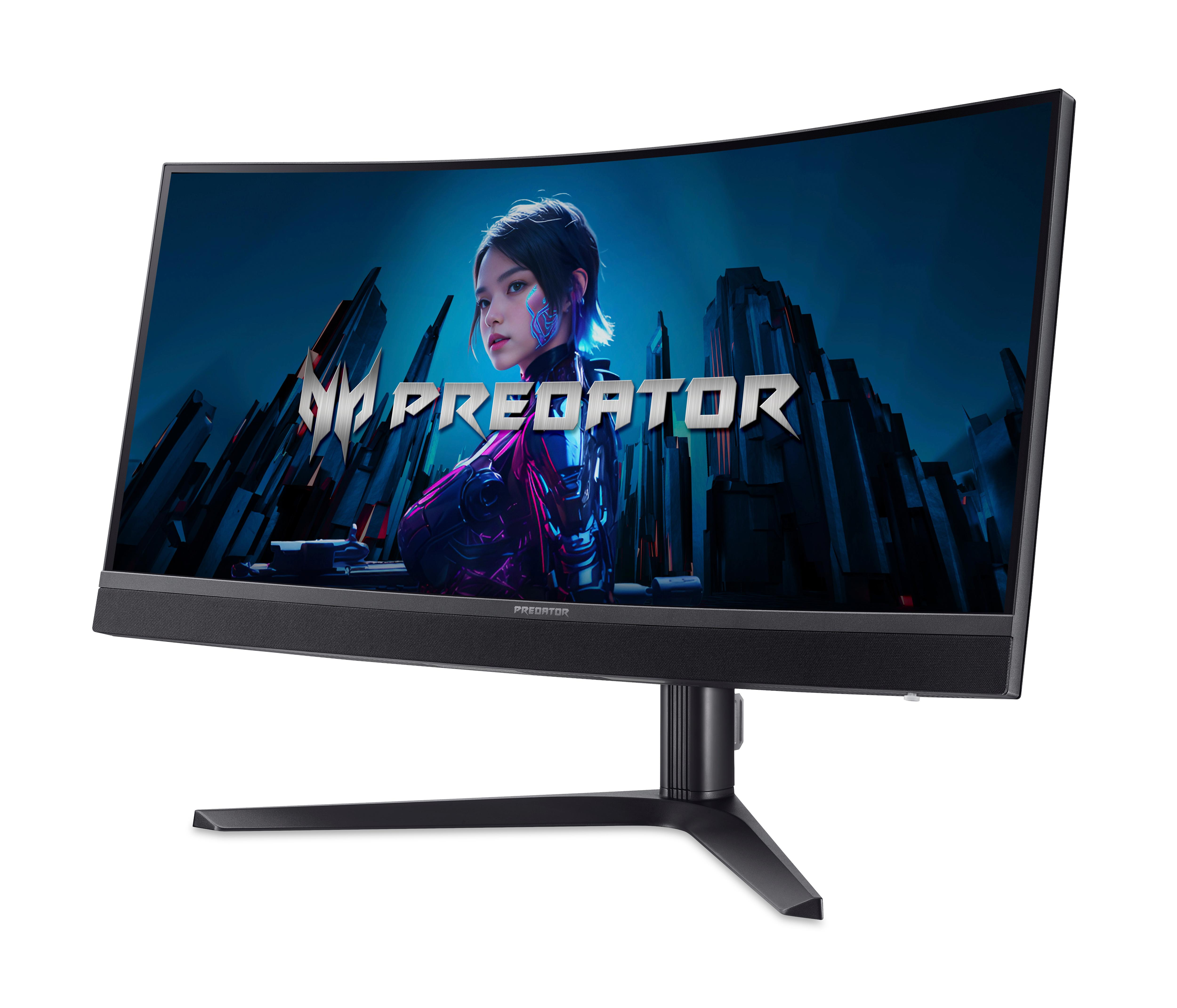 Gebogener Monitor mit einer Gaming-Szene. Der Monitor ist schwarz mit einem Ständer. Der Hintergrund ist weiß.